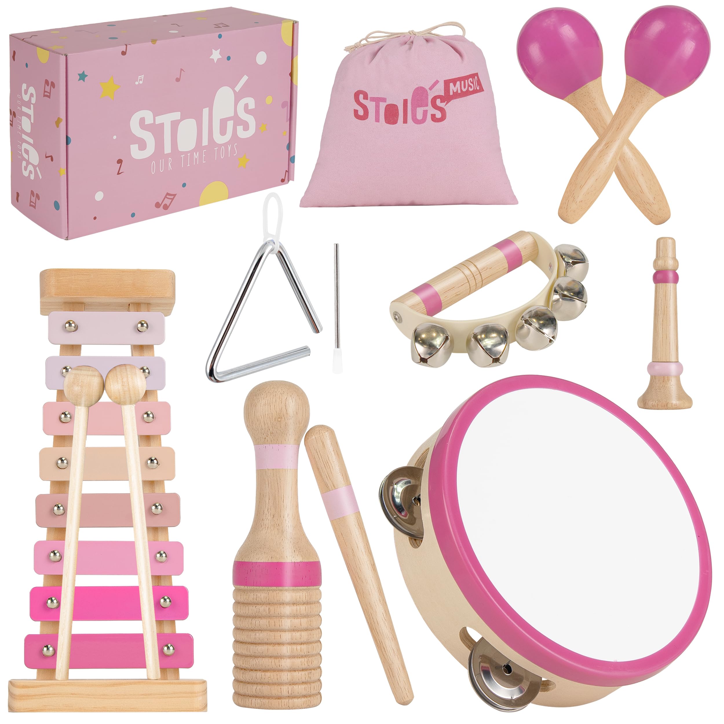 Stoie's Wooden Toddler Musical Instruments with Xylophone, Maracas, Triangle, Tamburine for Babies and Kids, Eco Friendly Montessori Educational Toy - 2