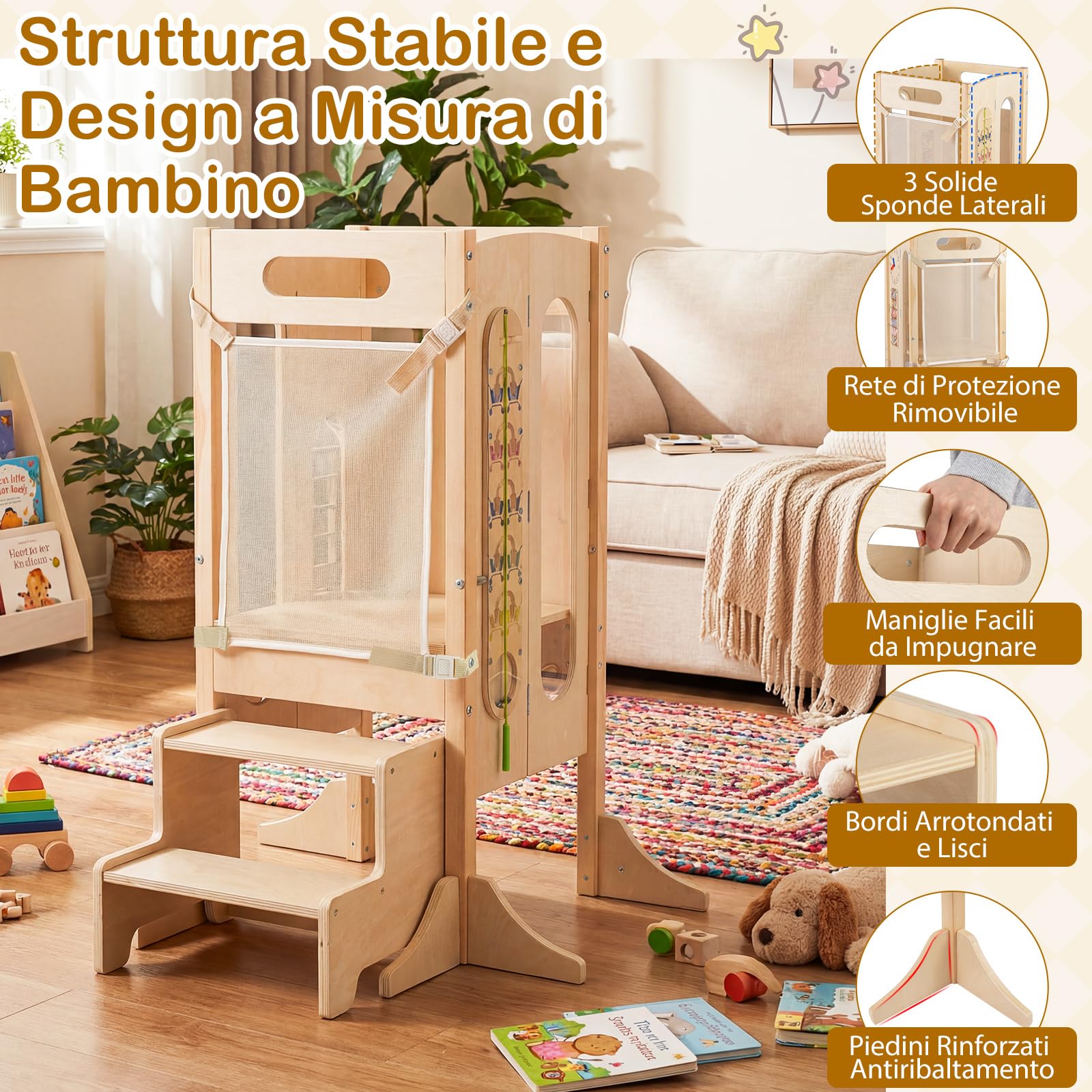 COSTWAY Torre Montessoriana Pieghevole per Bambini, Sgabello da Cucina in Legno con 2 Scalini e Rete Sicurezza, Torre di Apprendimento Montessoriana con Lavagna e Giochi Sensoriali per Bambini 3+ Anni