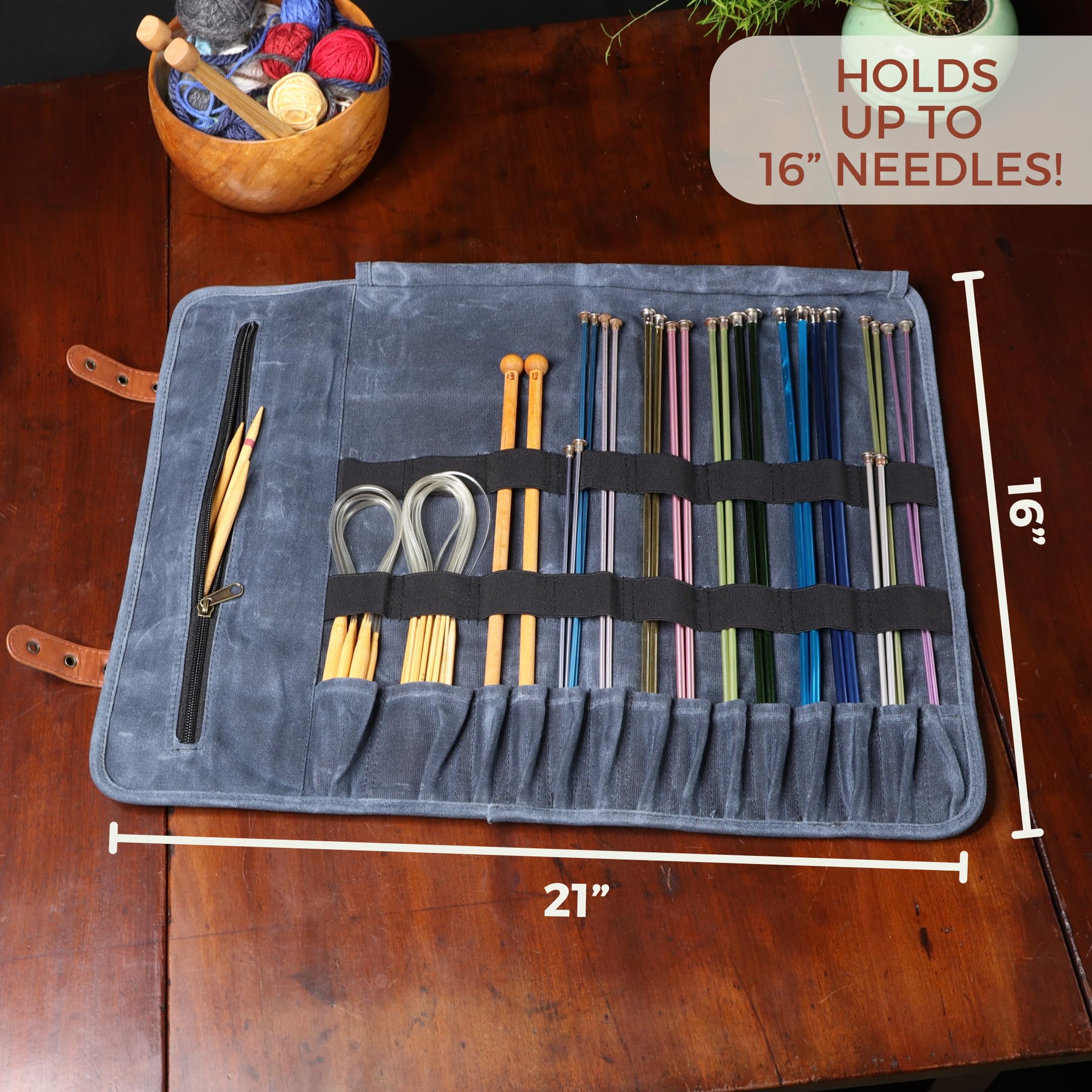 Earth & Fiber Co. Gewachstes Canvas-Stricknadeletui (bis zu 40,6 cm) – Stricktasche – Stricknadel-Organizer – Aufbewahrung von Stricknadeln – Rundstricknadeletui (grün)