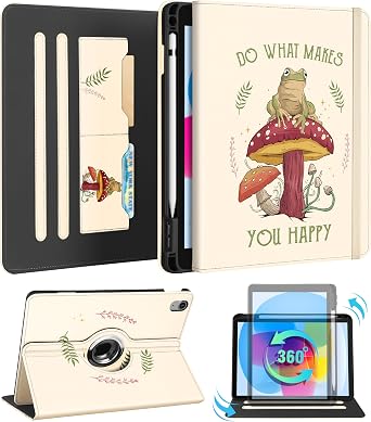 Kidcube iPad 10th Generation Case 2022, iPad A16 Case 11th Generation 2025 - Women Girls Kids Cute Rotating Stand Folio Cover with Pencil Holder & Card Slots Cool Frog Mushroom Design Case