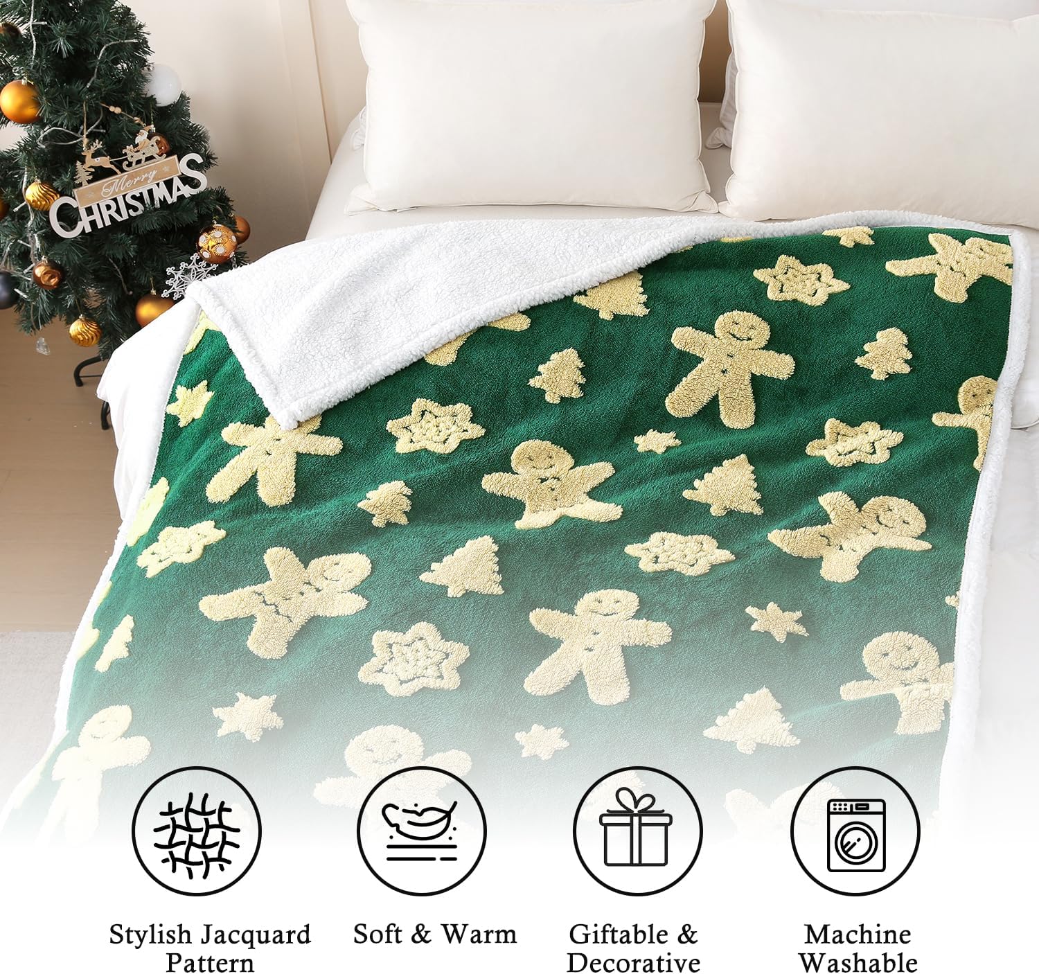 SOCHOW Christmas Gingerbread Holiday Jacquard Sherpa Fleece Throw Blanket, Fuzzy Warm Super Soft Reversible Plush Blanket for Bed, Sofa and Couch, 50 x 60 inches, Green - Image 5
