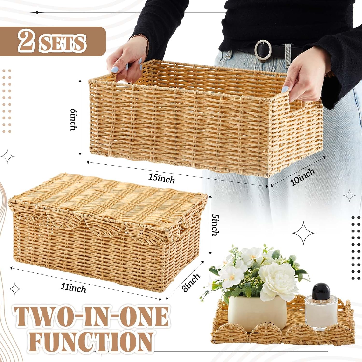 Sintuff 2 Pcs Scalloped Wicker Basket with Lid, Rattan Basket Built-in Handles, Waterproof Woven with Removable Tray Lid for Nursery, Shelf Closet, Bedroom Natural 15 x 10 x 6 Inch & 11 x 8 x 5 Inch