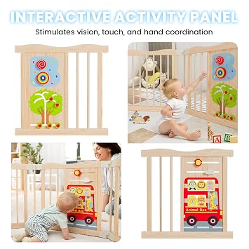 Foldable Wooden Playpen - Adjustable Wood Baby Play Yard with Child-Proof Lock, Indoor Large Safety Fence for Babies and Toddlers - Easy Assembly, 55 x 55 x 24 inches, Animal Bus, Natural