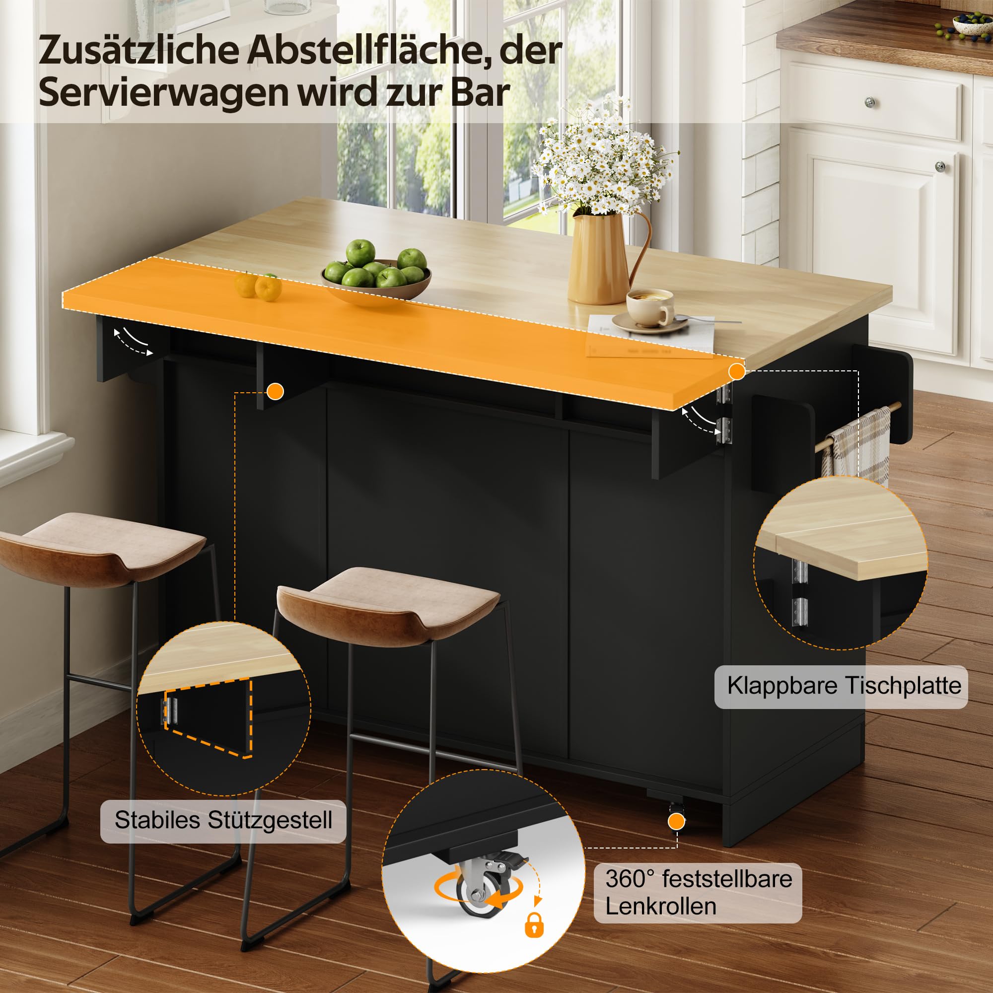Küchenwagen, Kücheninsel mit Klapparbeitsplatte, Speisewagen Küchenschrank mit Rollen & Müllschrank, Mobile Buffetschrank Stauraumschrank mit Schubladen & Gewürzregal, 120x45(70)x87cm (Schwarz)