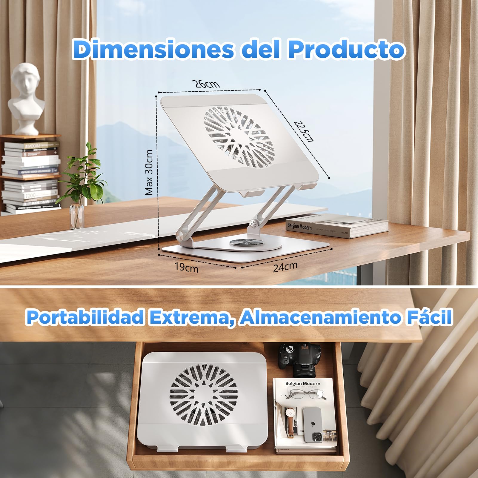ICARE Soporte Portatil con Base Refrigeradora Portatil Magnético RGB, Giratorio 360°,Carga 10KG, Silencioso 18dB, Elevador para Portatil/Tablet de hasta 16",Plata