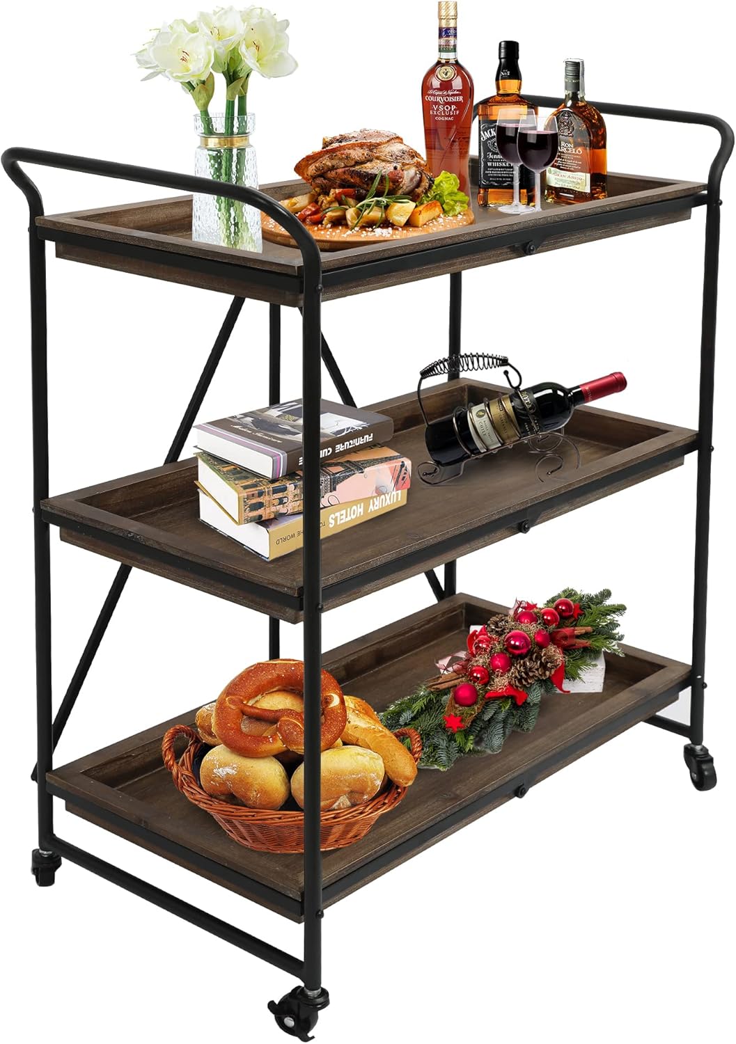 RiteSune Black Bar Cart, Home Bar Serving Cart with 3 Tier