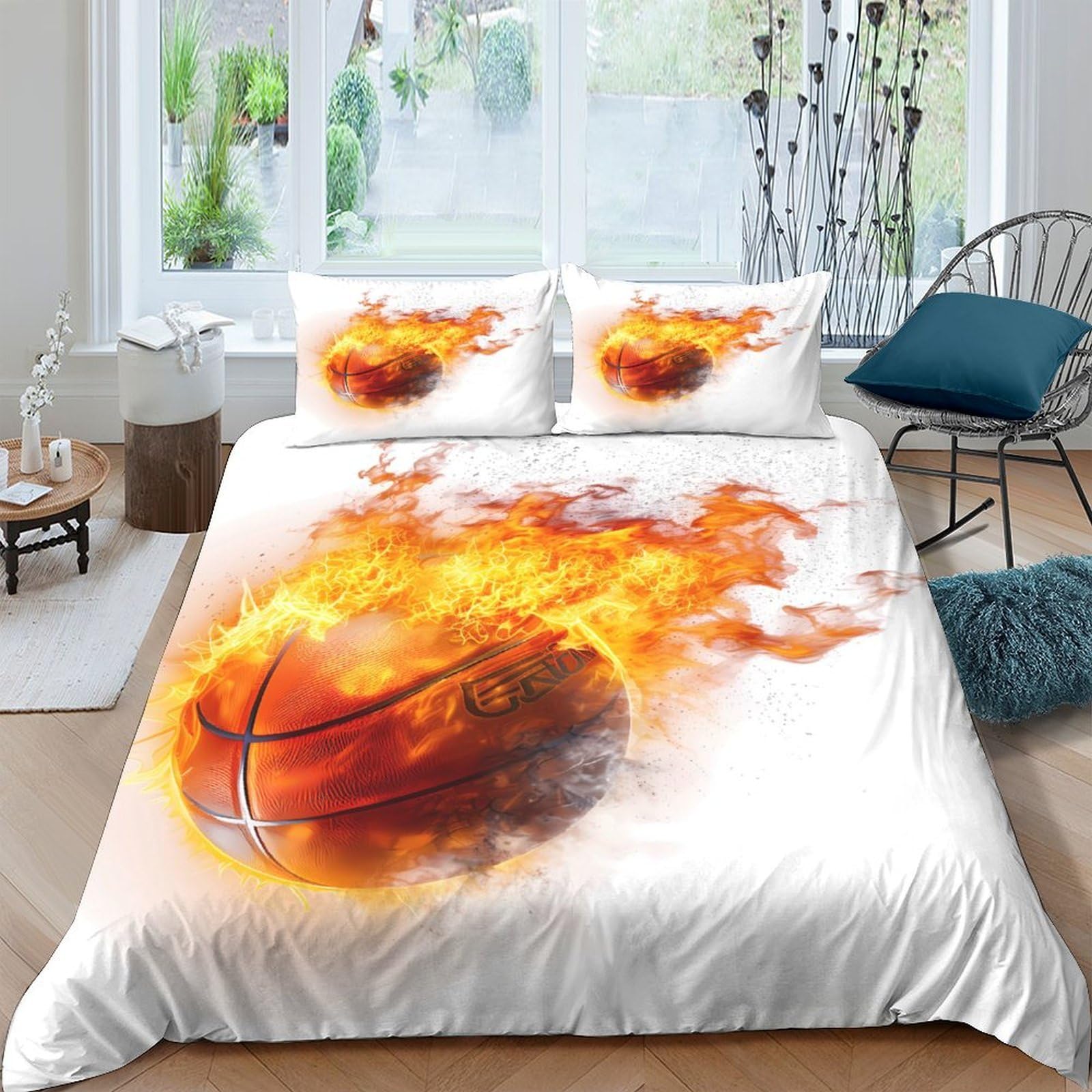 Ctjqhvkz Style-3 3D Printed Flaming Basketball Fitted Sheet Microfiber Soft Breathable Fire Ball Bed Cover For Bedroom Dorm Mattress Protection Decor Single（135X200cm）