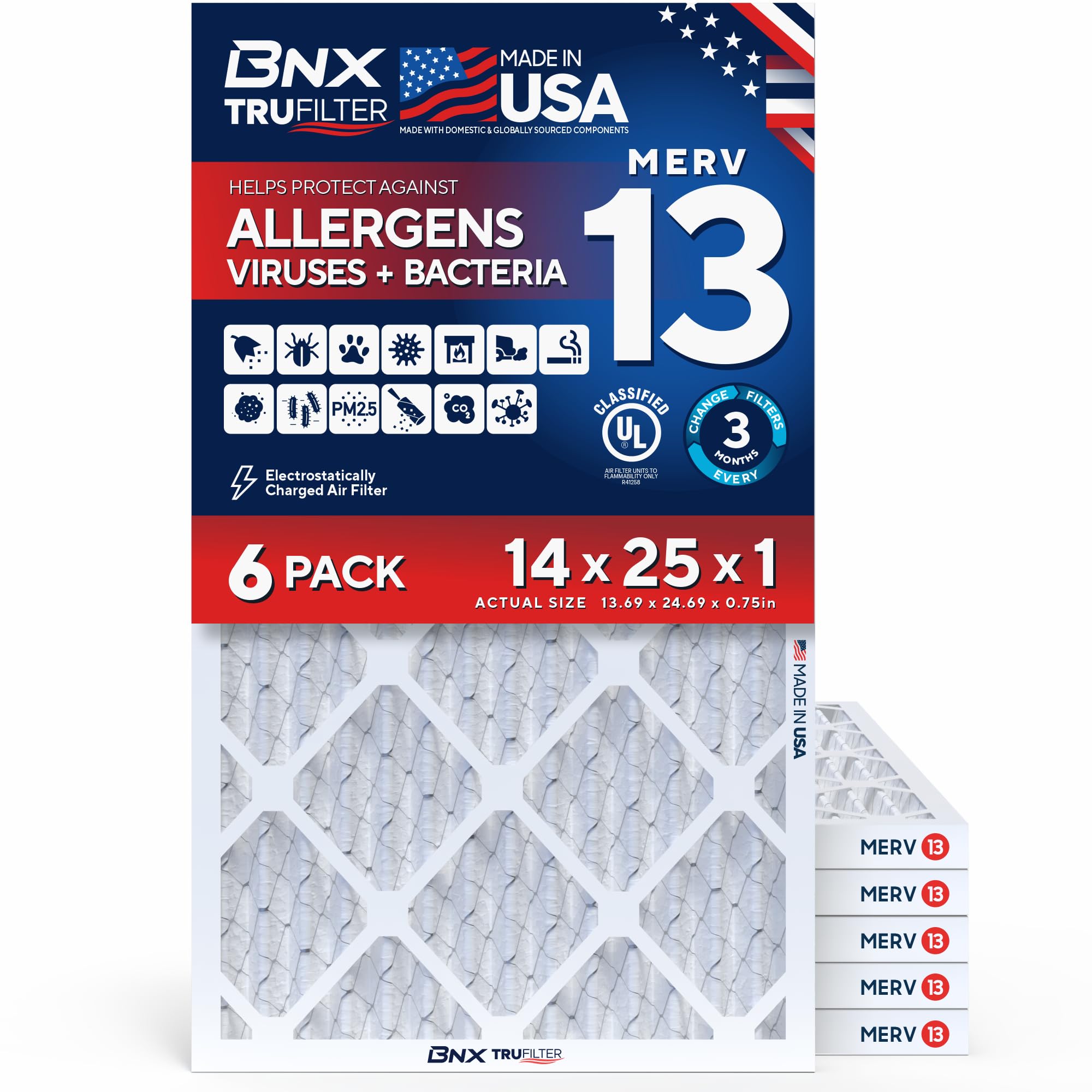 BNX TruFilter 14x25x1 Air Filter MERV 13 AC Filter, HVAC Furnace Filter, 6 Pack (ACTUAL SIZE 13.69"x24.69"x0.75") Allergies, Dust, Pet Dander & Smoke - MADE IN USA - MPR1500 / FPR 10