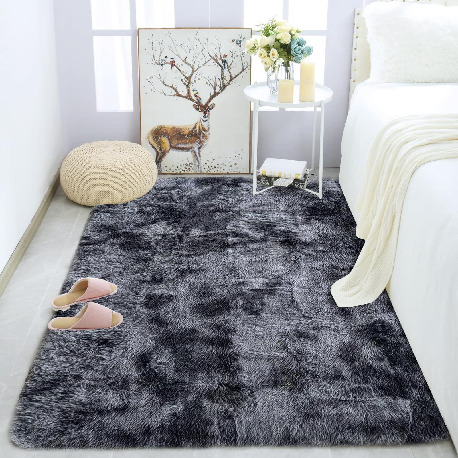 Tinyboy-bhq Area Rugs Soft Living Room Carpets Anti Slip Fluffy Bedroom Rug Shaggy Floor Mats Large for Hallway Bedroom (Black/Grey