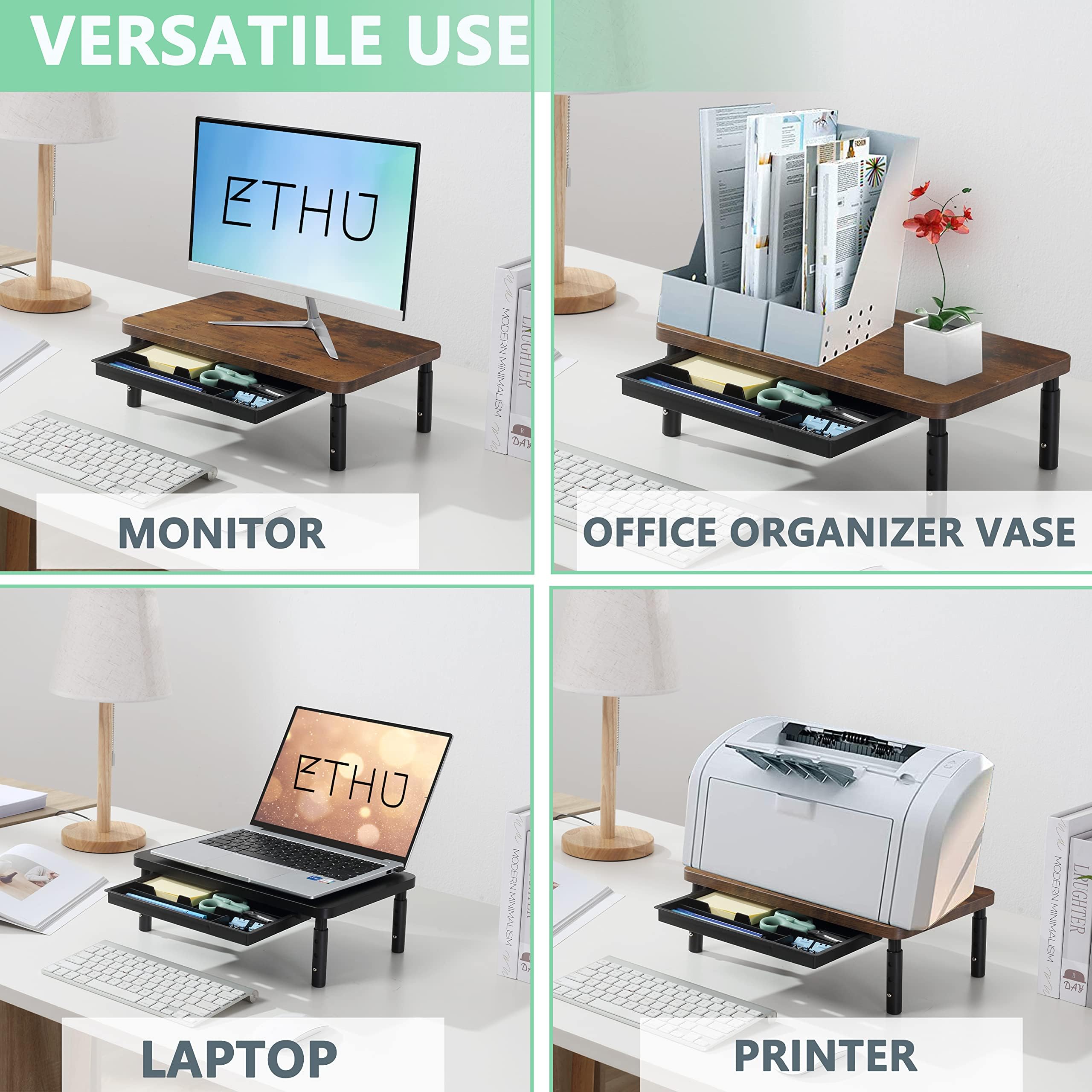 ETHU Supporto per doppio monitor, altezza dello schermo regolabile per 2 monitor, supporto per monitor regolabile con cassetto e supporto per telefono, aumento della lunghezza e dell'angolo