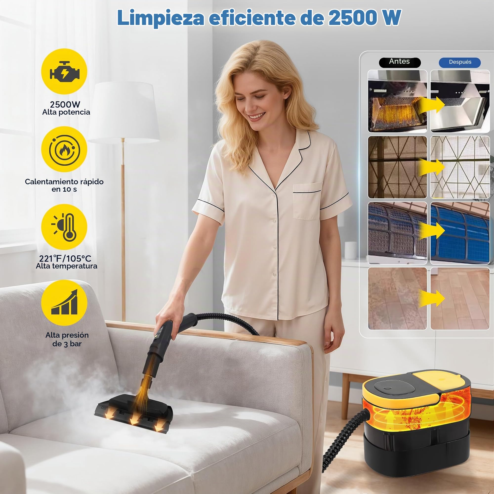 Limpiador de vapor, Molina de vapor de 2500W para limpieza, Dispositivo portátil de limpieza de vapor para el hogar, Limpiador de vapor de coche con controlador(amarillo)