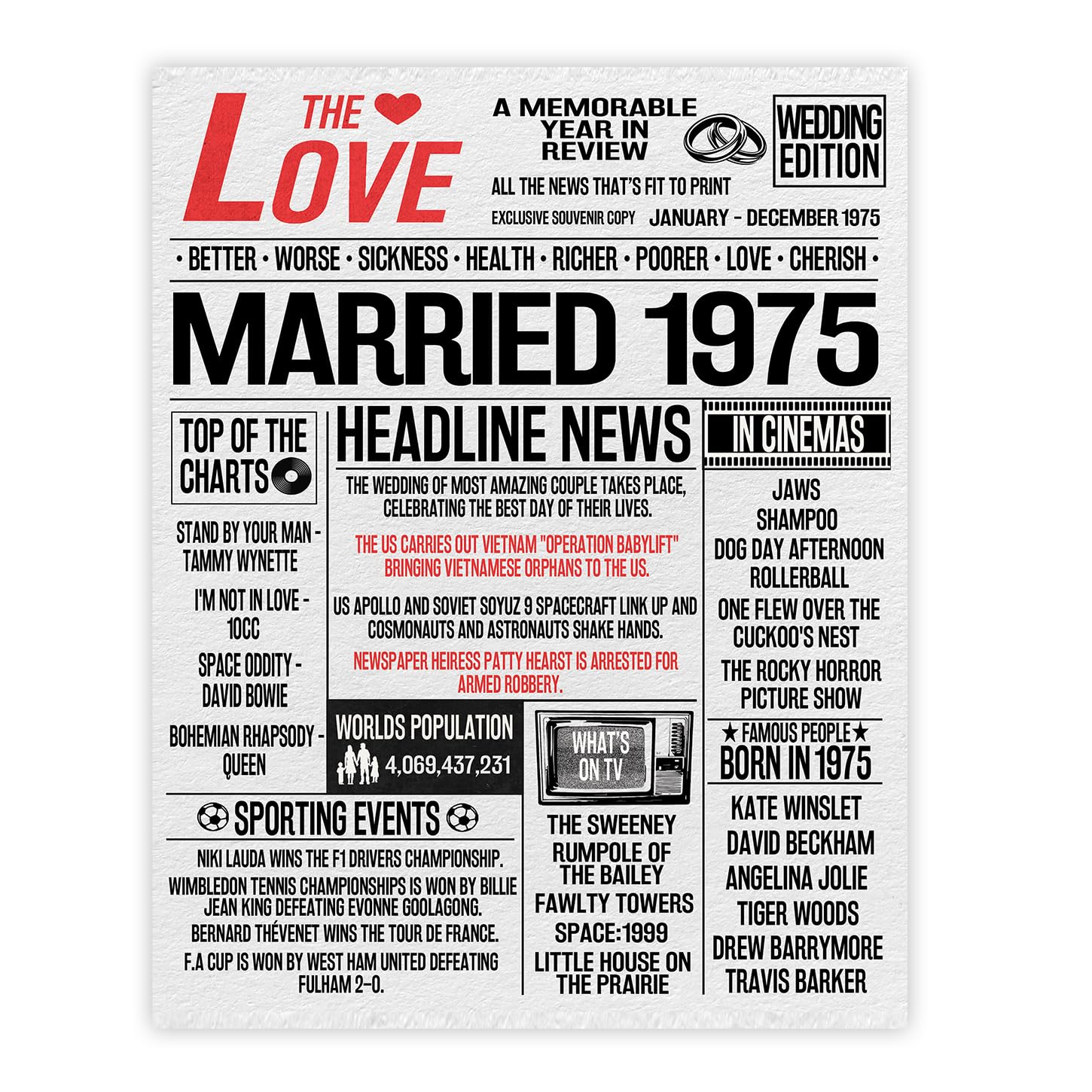Stuff4 51st Anniversary Poster Unframed - Married In 1975 Newspaper - Happy 51st Wedding Anniversary for Men Women Vintage Gifts Retro Back In 1975, 8x10 Inch Anniversaries Posters