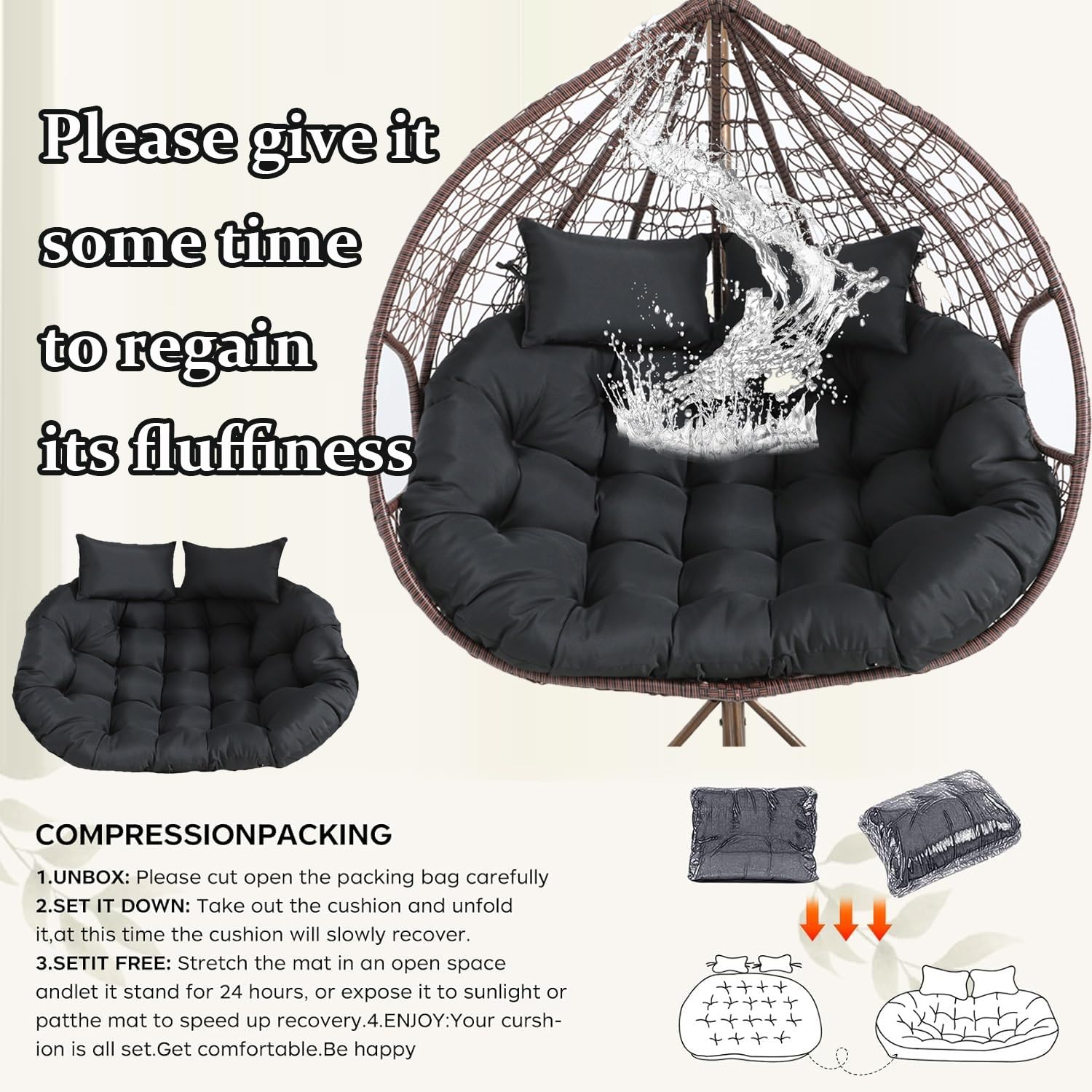 Sitzkissen Für 2-Personen-Hängemattenschaukelstühle, Ersatzkissen Für Doppelsitzer-Eierstuhl, Hängesessel Kissen, Polster, Auflage Für Polyrattan/Rattan Hängeschaukel(Gray)