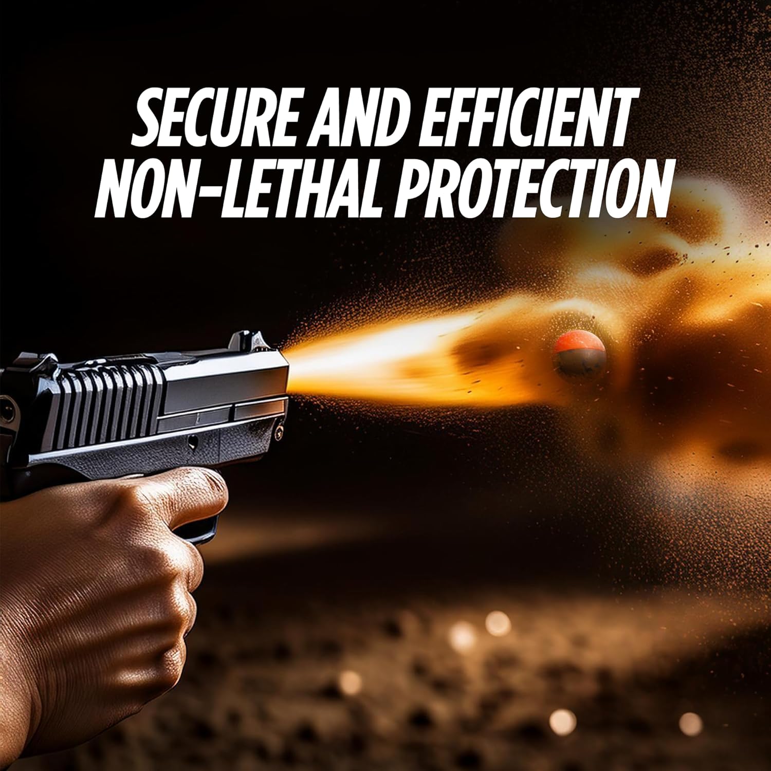 Image of a hand holding a pepper gun firing a GIZMO CORNER irritant projectile, showing the projectile in motion with a fiery trail.