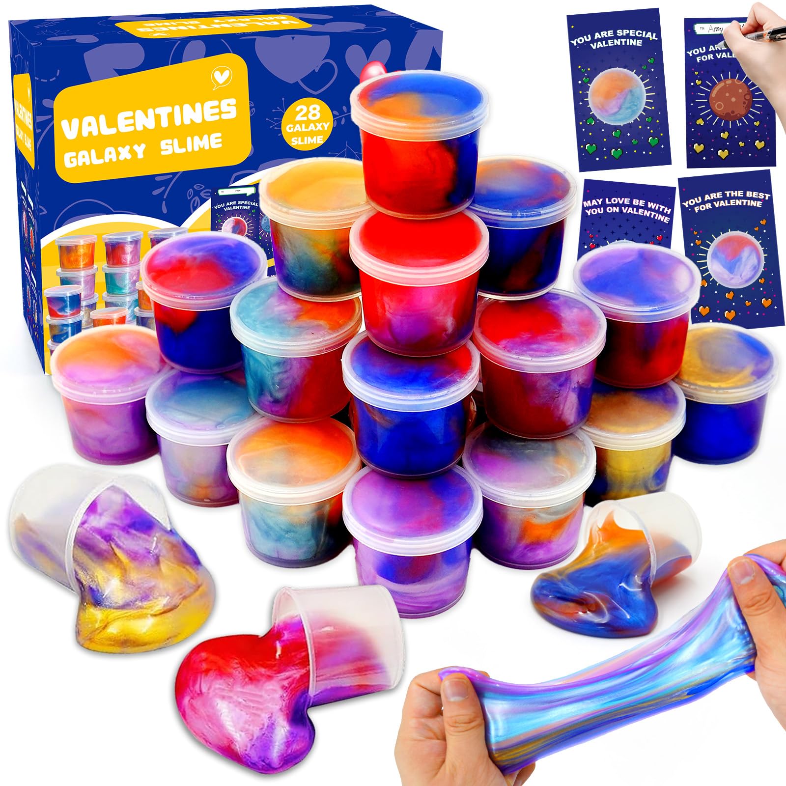 28 Pack Valentines Galaxy Slime Toys for Kids, Valentines Galaxy Slime with Valentines Cards Kids Stress Relief Fidget Set for Kids School Classroom