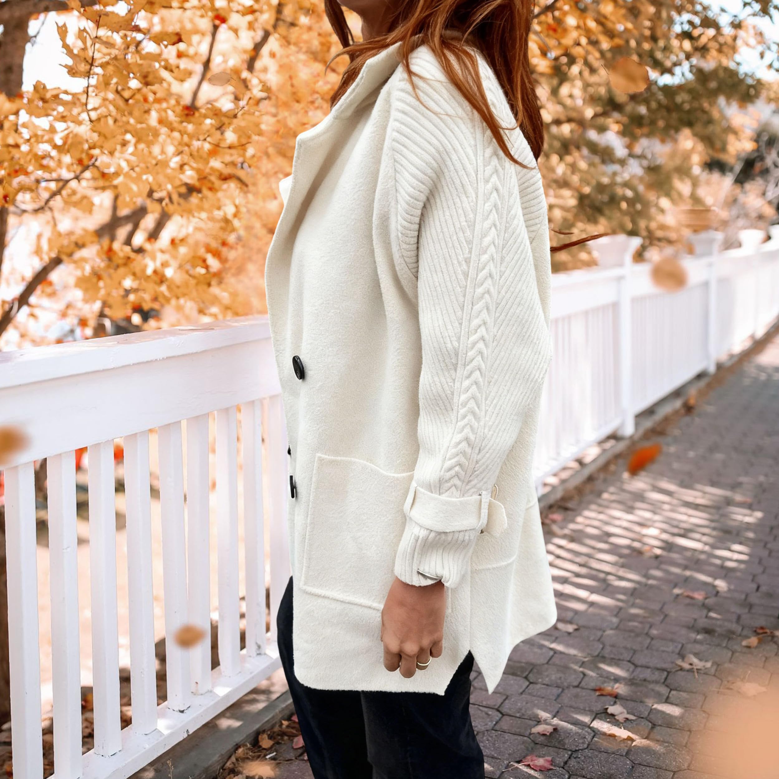 Cappotto invernale casual da donna in maglia, doppiopetto, con revers a lancia, vestibilità comoda