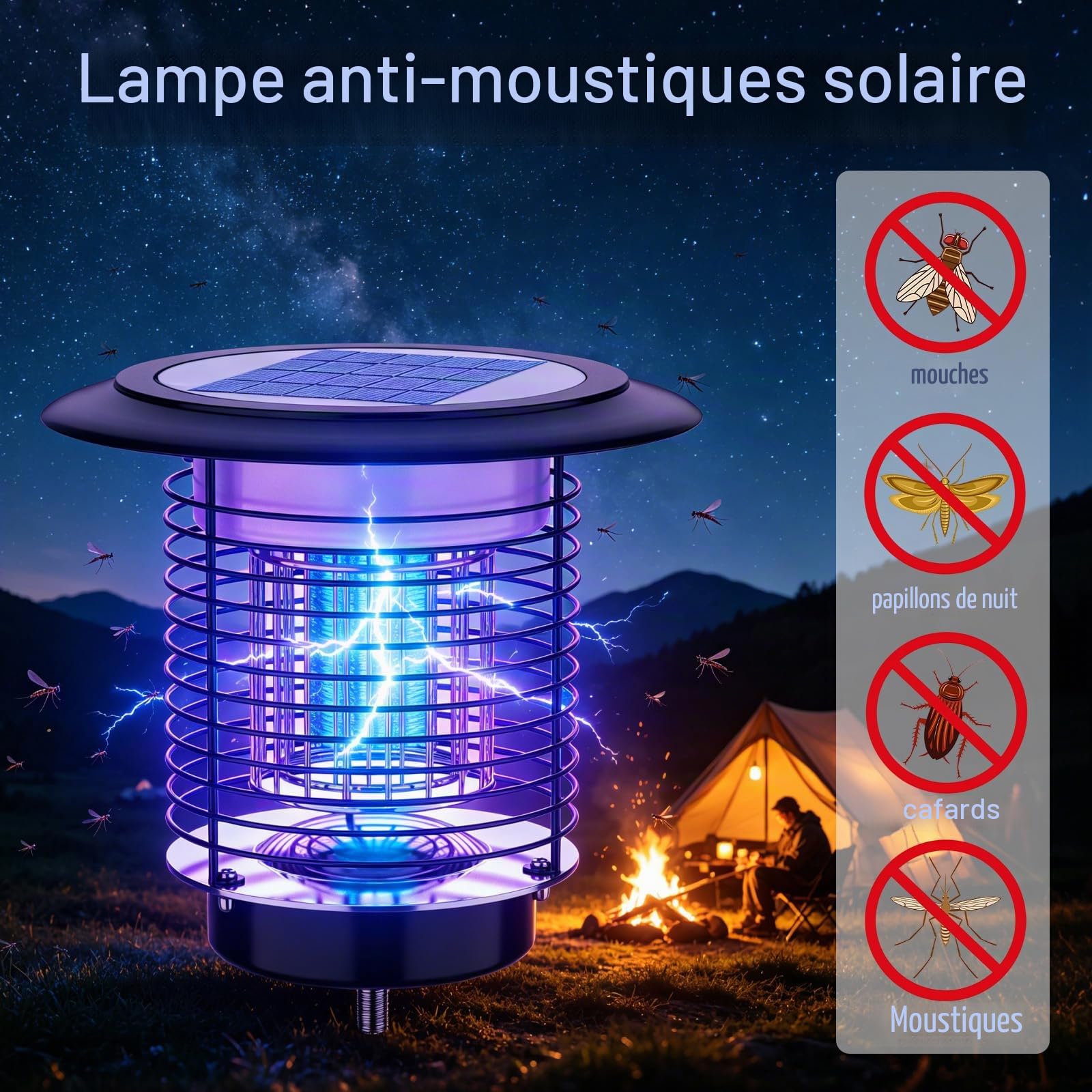 Lampe solaire anti-moustiques 2 en 1 - 3500 V - Haute tension - Batterie 4400 mAh - Couverture de 150 m² - Étanche IPX5 et lumière UV - Destructeur d'insectes efficace avec éclairage de jardin - Pour