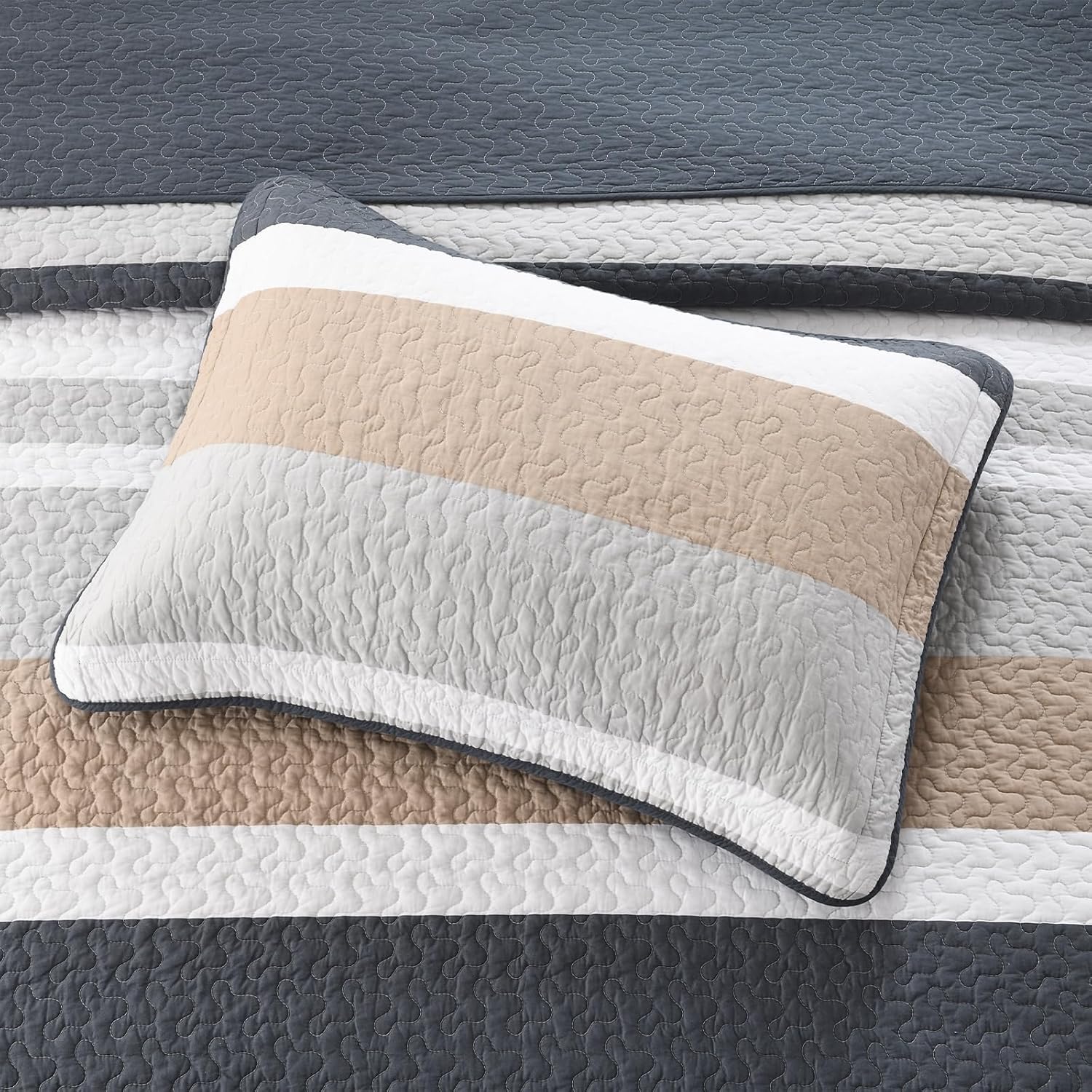 Striped California King Bedspread 120"x120" - 100% Cotton Lightweight Oversized King Quilt with 2 Pillowshams, Modern Reversible Quilted Bedspread Coverlet, Navy Gray White Beige, 3 Pieces