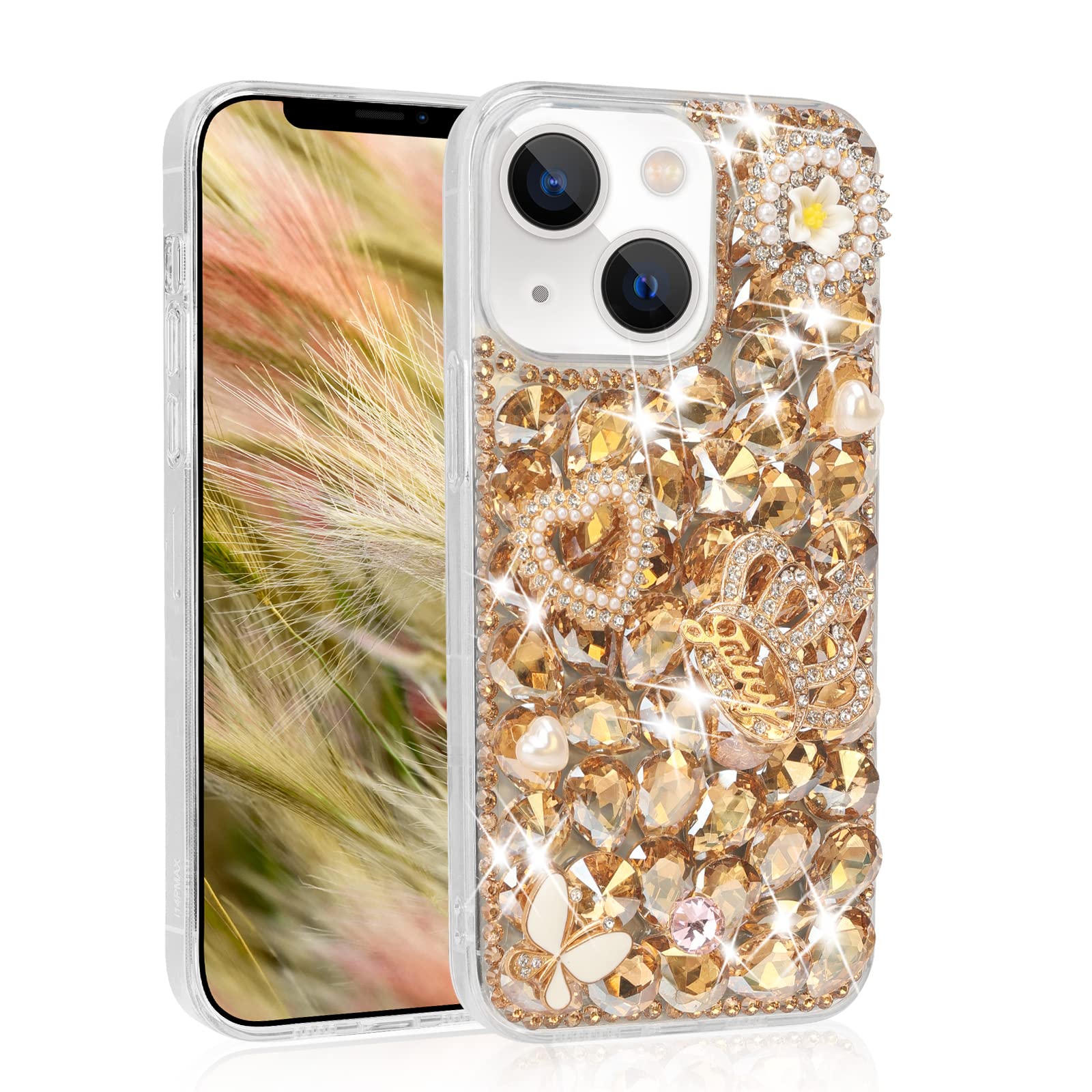 Coque luxe iPhone 15 Plus couronne en strass et finitions dorées - 8