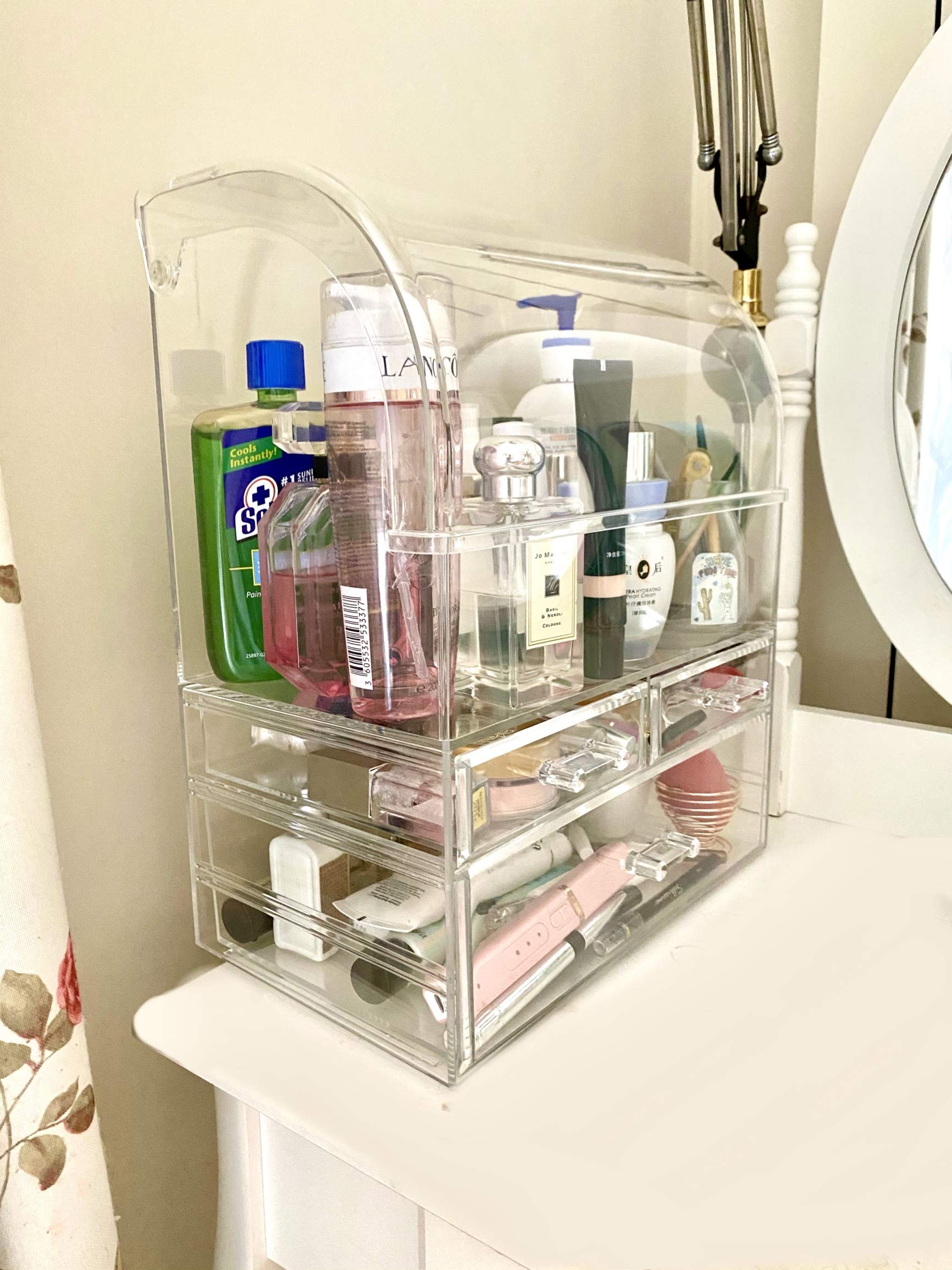 HOMOKUS Extra Large Acrylic Makeup Organizer for Vanity, 11.8" W x 7.1�D x 14.2�H Skincare Organizer with Lid Large Capacity Dust-proof 3 Layers Transparent Appearance Installation Free Size