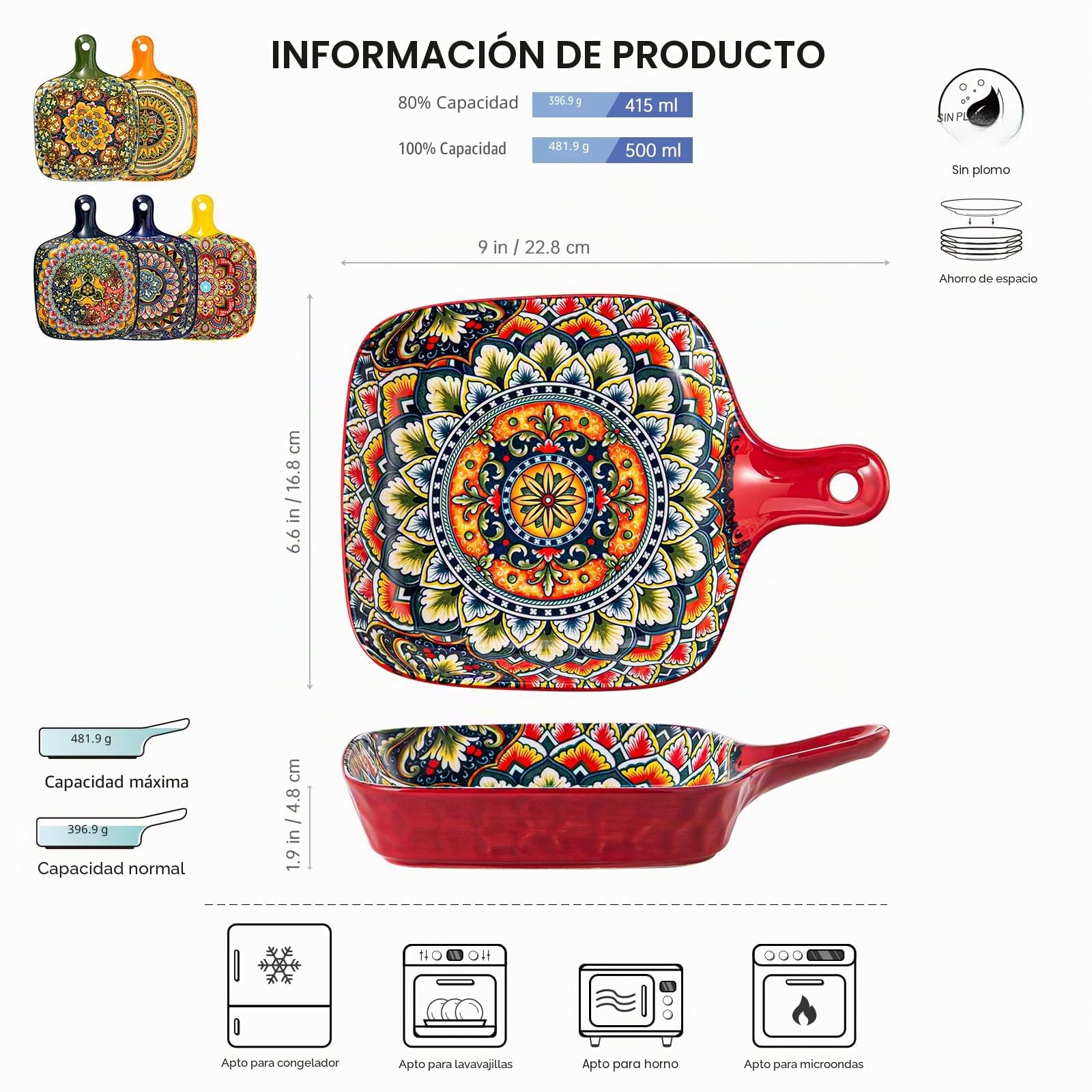 Henten Home Cuencos para Aperitivos y Salsas, Cuenco Cuadrado de 6 – 500 ml, Cuencos para Aperitivos, Postres – Estilo Bohemio, Apto para Lavavajillas y Microondas