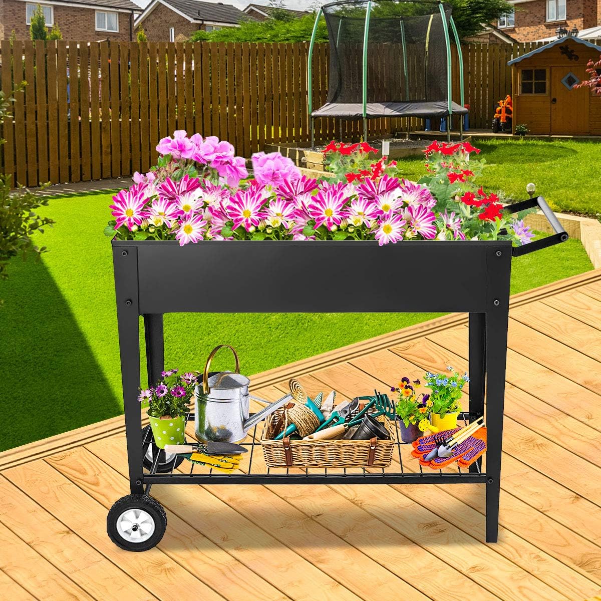 Raised Garden Bed Planter Box with Legs Outdoor/Indoor Metal Elevated Garden Bed On Wheels with Storage Shelf for Vegetables Flower Herb Patio