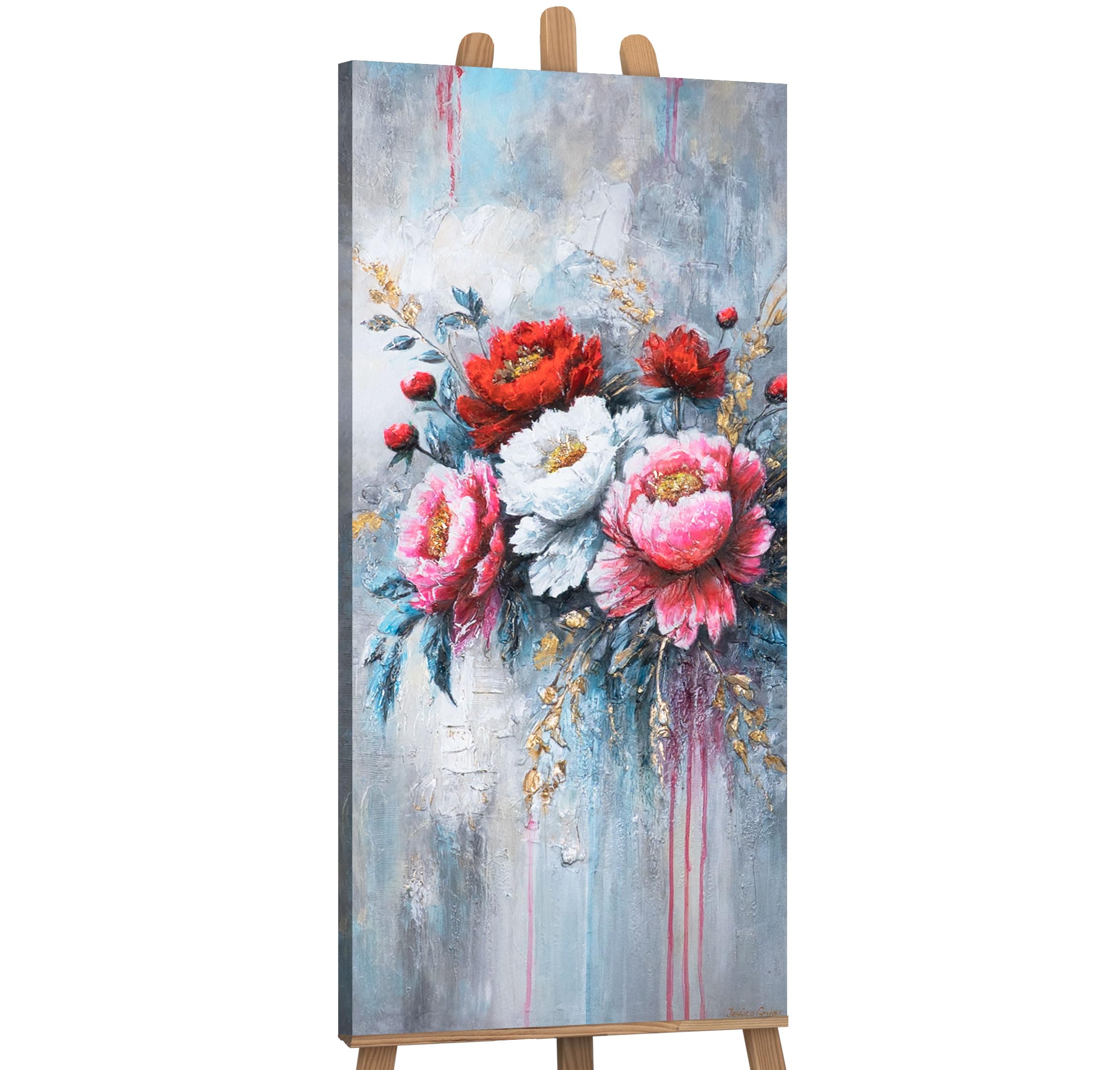 YS-Art Dipinto Acrilico Originale | Elegante Bouquet di Peonie | Tela Floreale Sofisticata | Arte Moderna da Parete per Soggiorno 115x50 cm