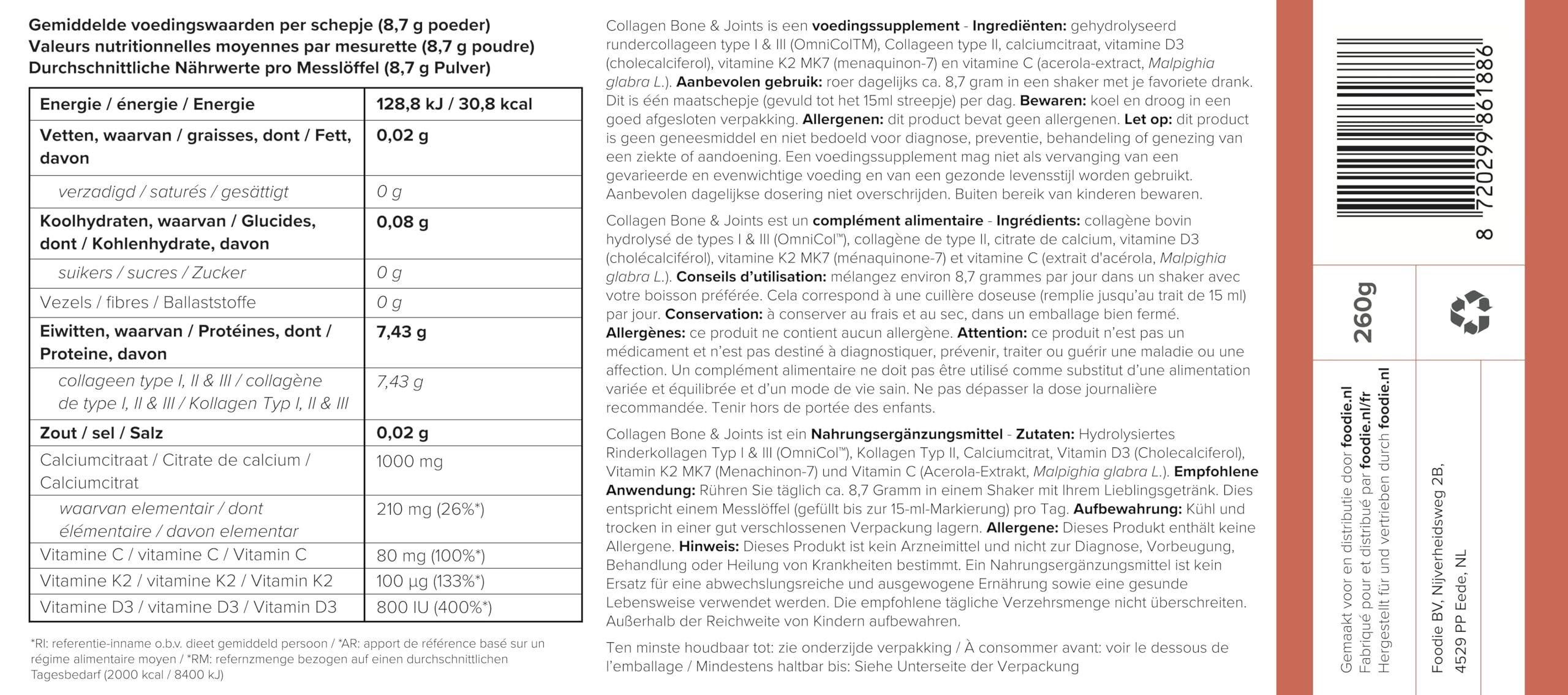 Kollagen Bone & Joints Pulver – Kollagen typ 1,2 und 3-3x 260g Pulver mit vitamin K2, D3, C und Calciumcitrat– Unterstützt die Gesundheit von Knochen, Muskeln und Gelenken