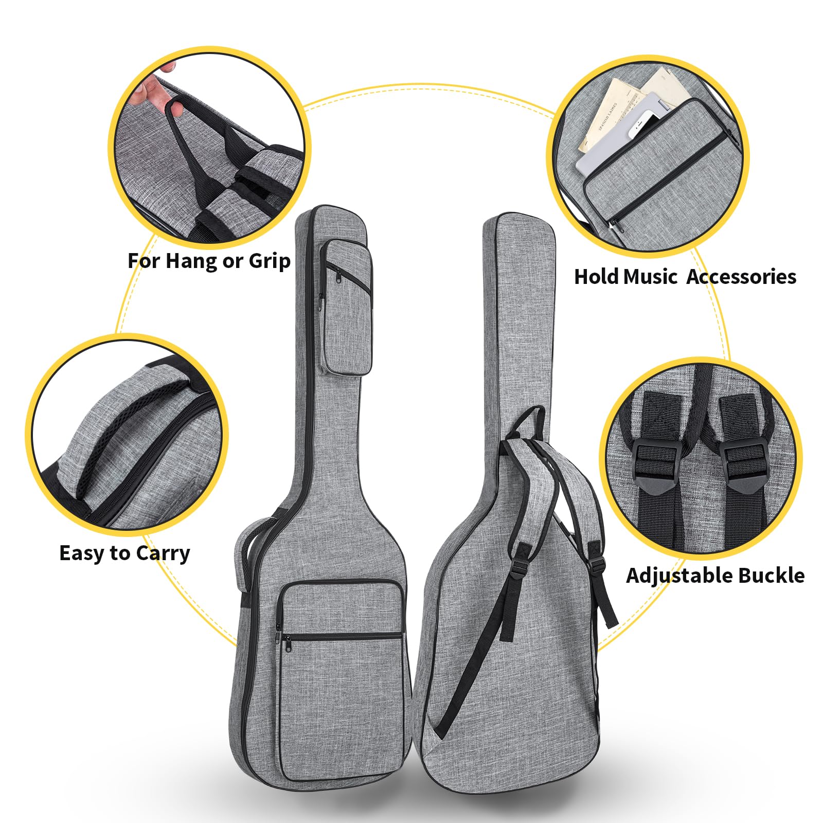 Gigbag für E-Bass, 11 mm Polsterung, 11 mm, Tasche für E-Bass, Bassgitarre, Rucksack mit Umhängeband und 4 Taschen, Grau