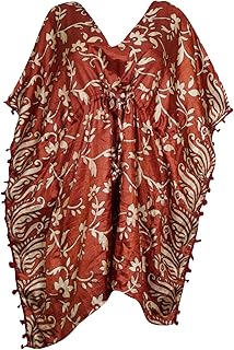 Mogul Interior Womens Maroon Kaftan Tunic Kimono Dress Polysilk Pom Pom Short Caftan S/M/L