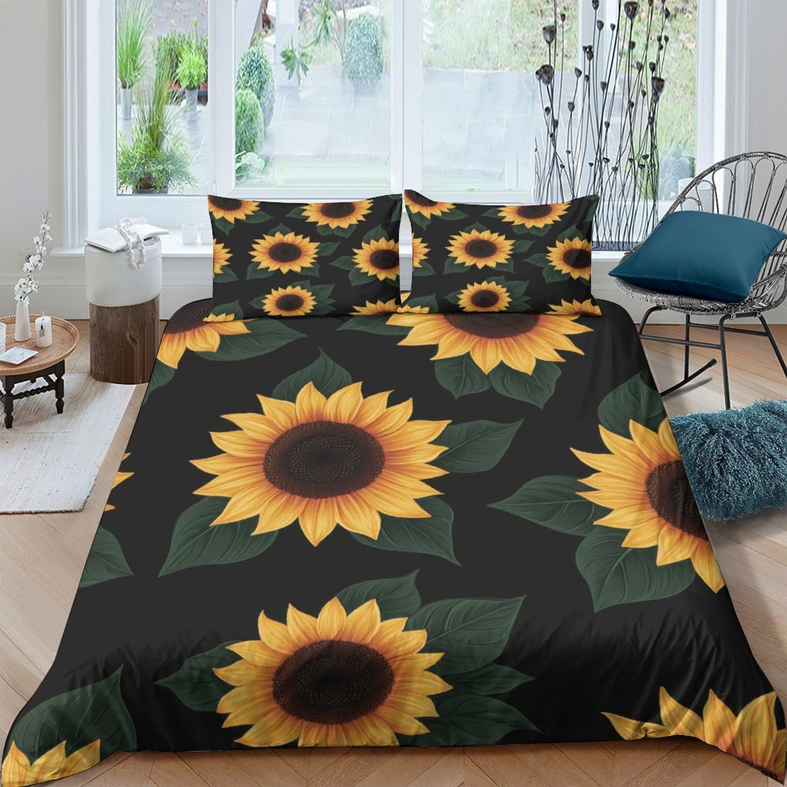 P5V6M1Q9 3D Printed Sunflower Duvet Cover Set Microfiber Breathable Bright Floral Bedding Set with 2 Pillowcases for Bedroom Decor Single（135x200cm）