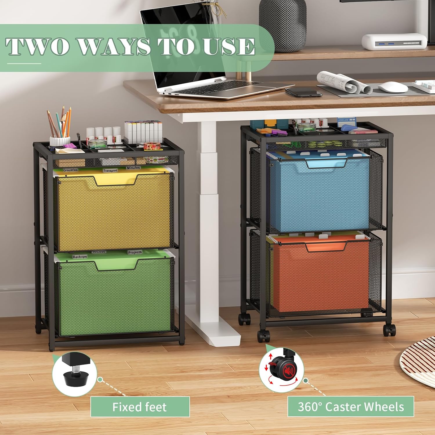 Rolling File Cart with 2 Drawers, Under Desk Storage Cabinet with DIY Divider, Letter/Legal Mobile Filling Cabinet on Wheels, Hanging File Folders Organizer, Metal Utility Cart for Home Office, Black