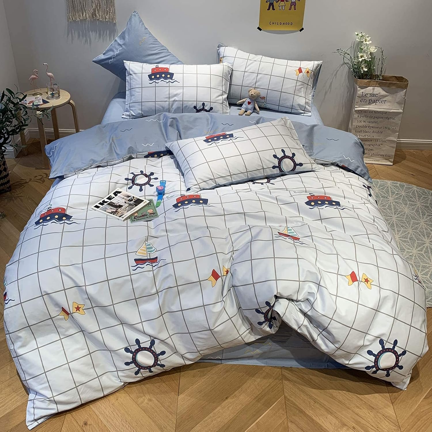 🛒 Crаzу Dеаlѕ LAYENJOY Sailboat Kids Duvet Cover Set Queen, 100% Cotton Bedding, Ship Boat Pattern Printed on Lvory White Reversible Blue, 1 Navigation Comforter Cover Full 2 Pillowcases for Kids Teens Boys Girls