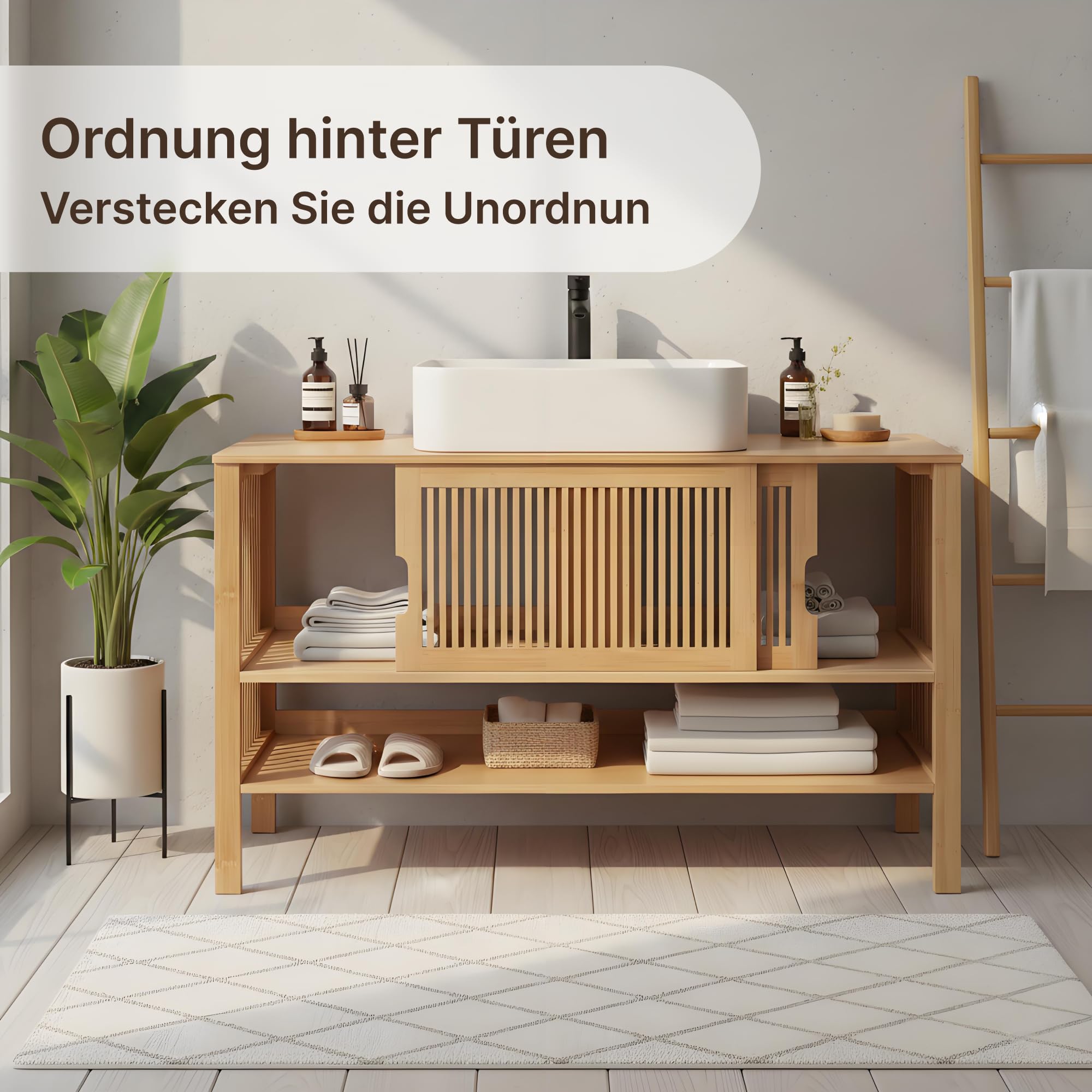 Meuble sous-lavabo 100 cm de large – Meuble de salle de bain en bambou avec portes coulissantes, meuble sous-lavabo naturel avec compartiment ouvert, meuble sous-vasque 100x45x60 cm