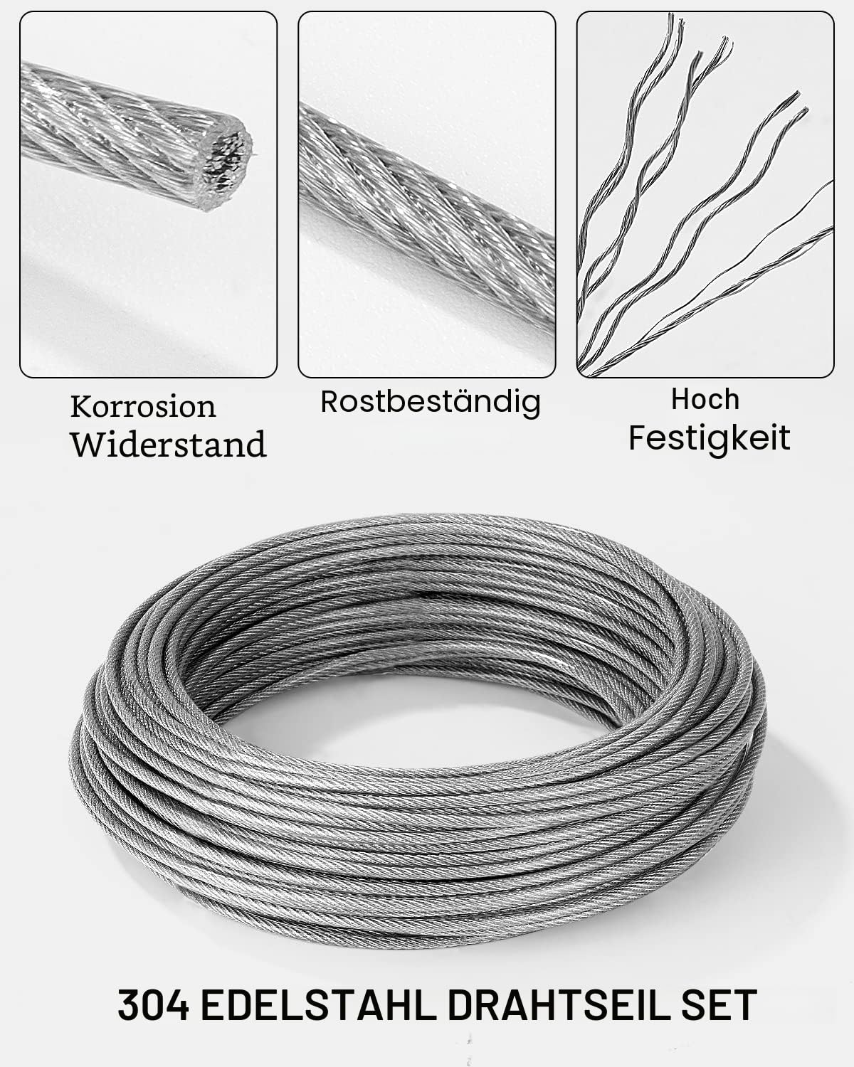 30m Φ 3mm Stahlseil Kit, Drahtseil Spanndraht Edelstahl 304, Stahlseil Ummantelt mit ösen Seilspanngarnitur, Spannschloss, für gardinenseil, wäscheleinen, String Light Suspension