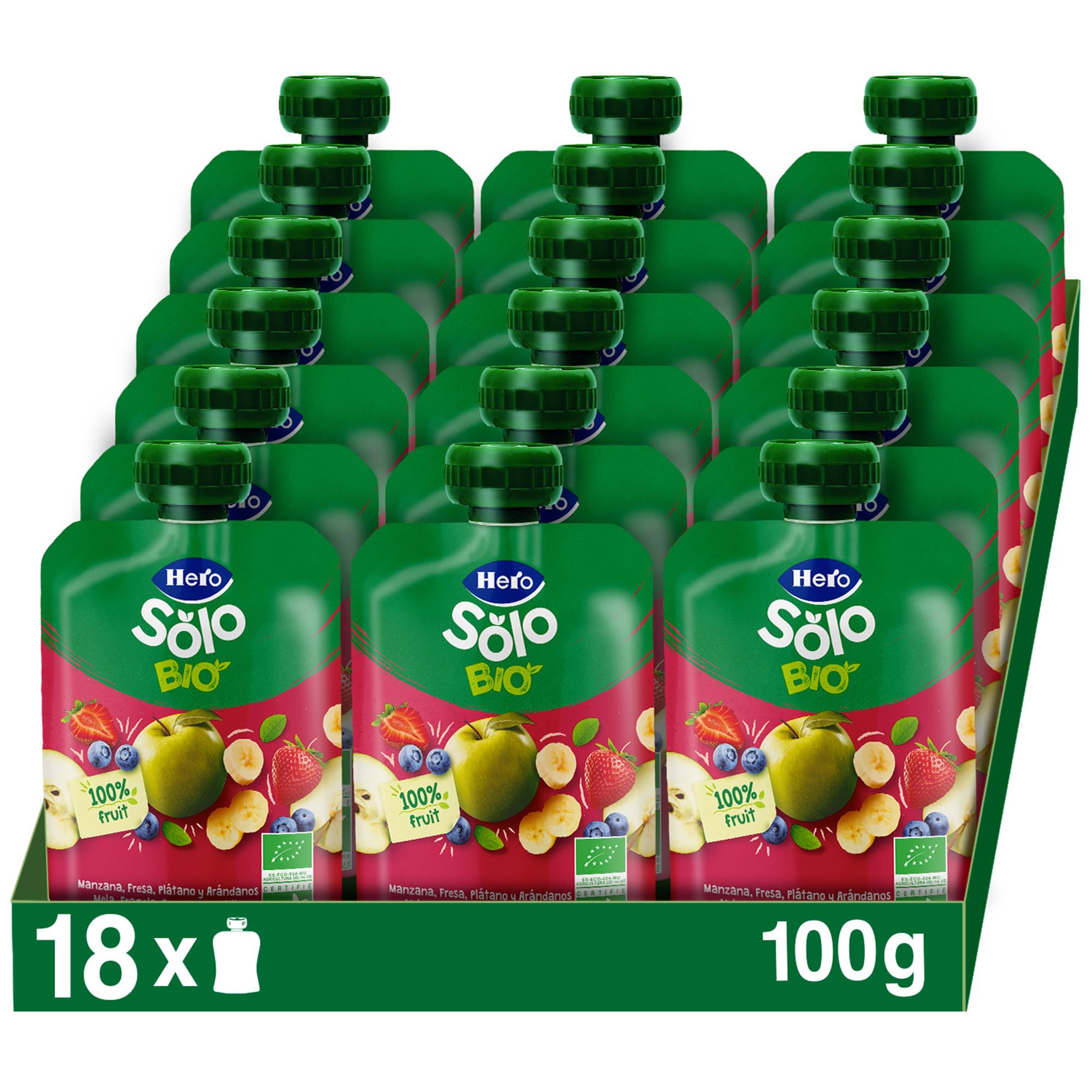Hero Solo Pouch Frutta Frullata 100% Bio Mela, Banana, Fragola e Mirtillo, senza Zuccheri Aggiunti, Conservanti e Coloranti, senza Glutine, dai 4 Mesi in su - Pack da 18 Confezioni X 100 G