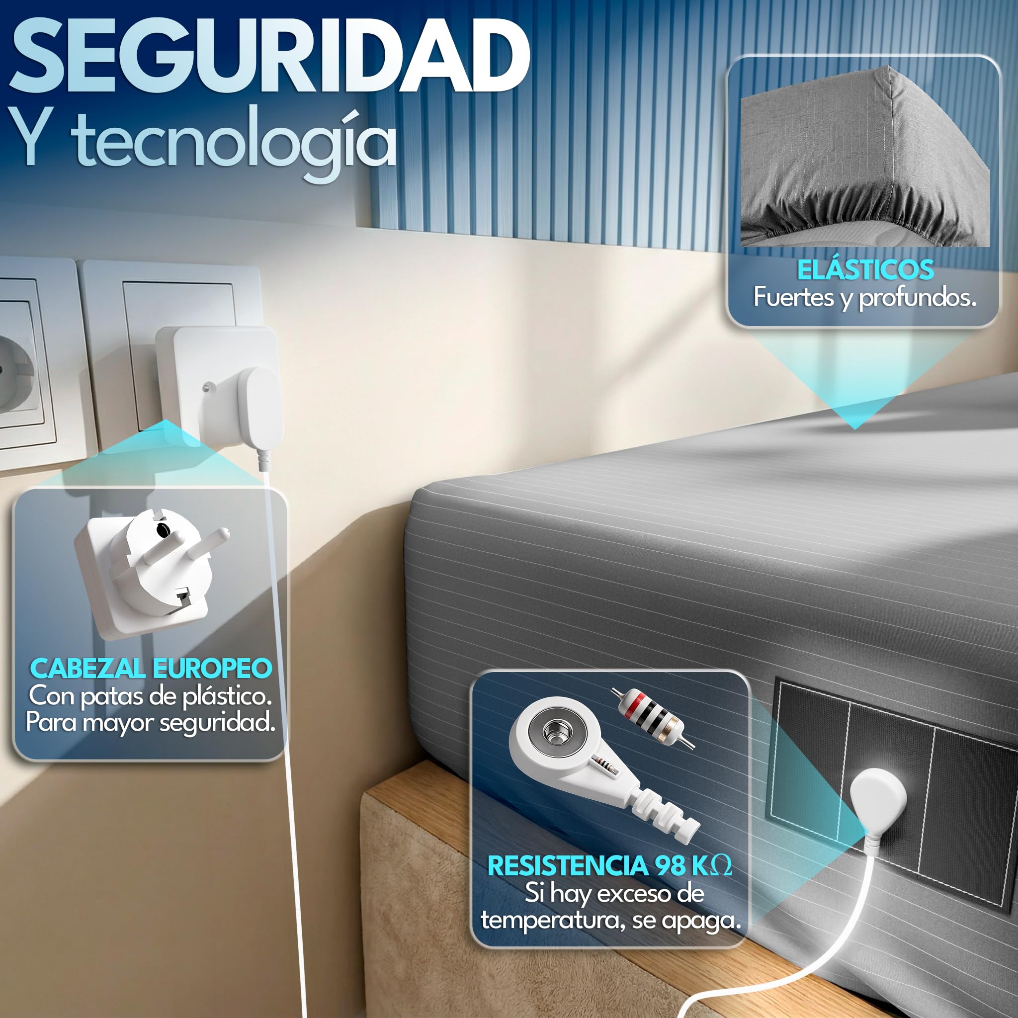 Sabanas Grounding Ajustable 10% Plata 90% Algodon| Sabanas de Conexion a Tierra + Cabezal + Cable + Tester + Antifaz Lino (Gris, Cama Individual (90x200x30))