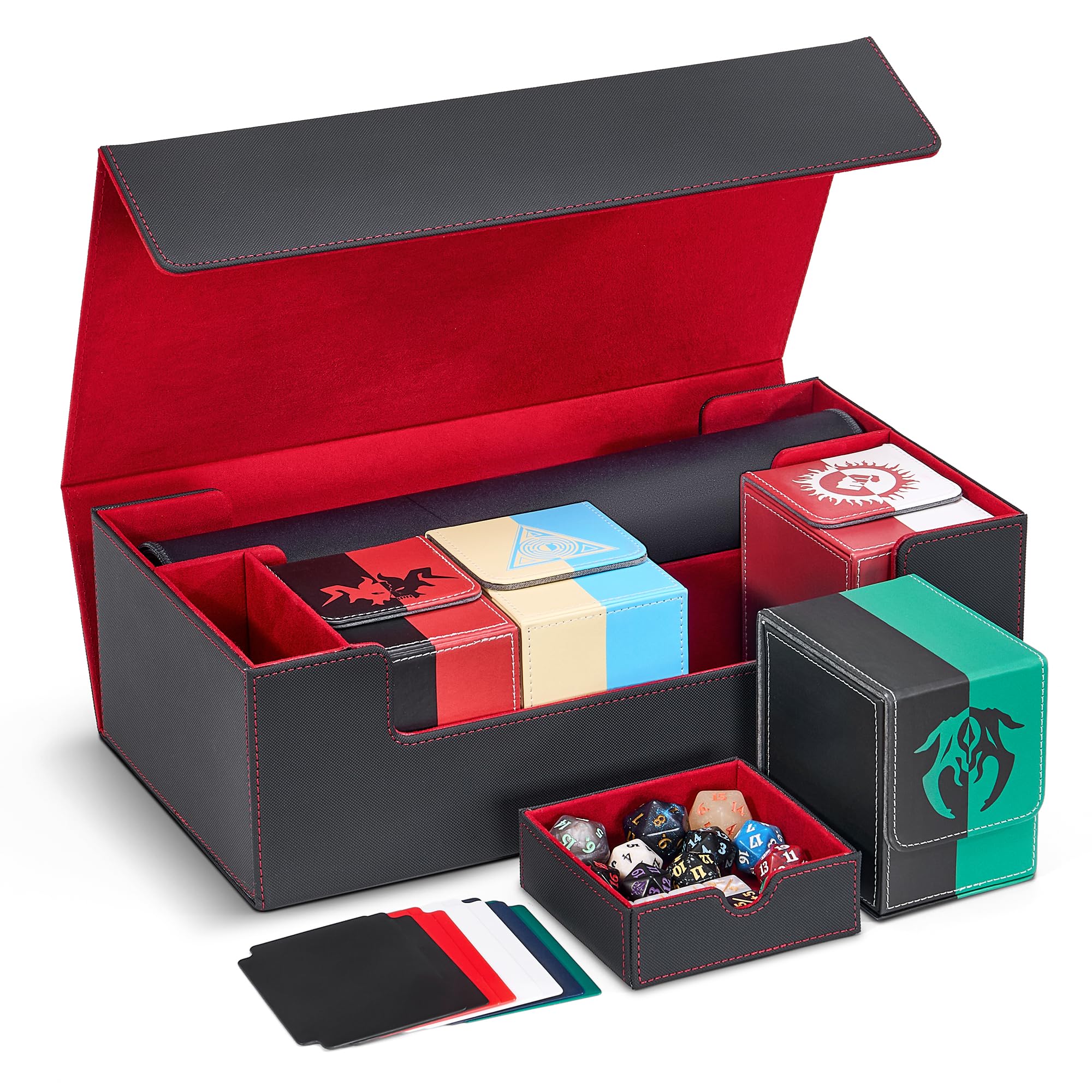 Zettokete Trading Card Storage Box Holds 4 MTG Deck Box, Card Deck Case with Dice Compartment/Playmat Slot, Fits for MTG, Magic, TCG, CCG, Black/Red