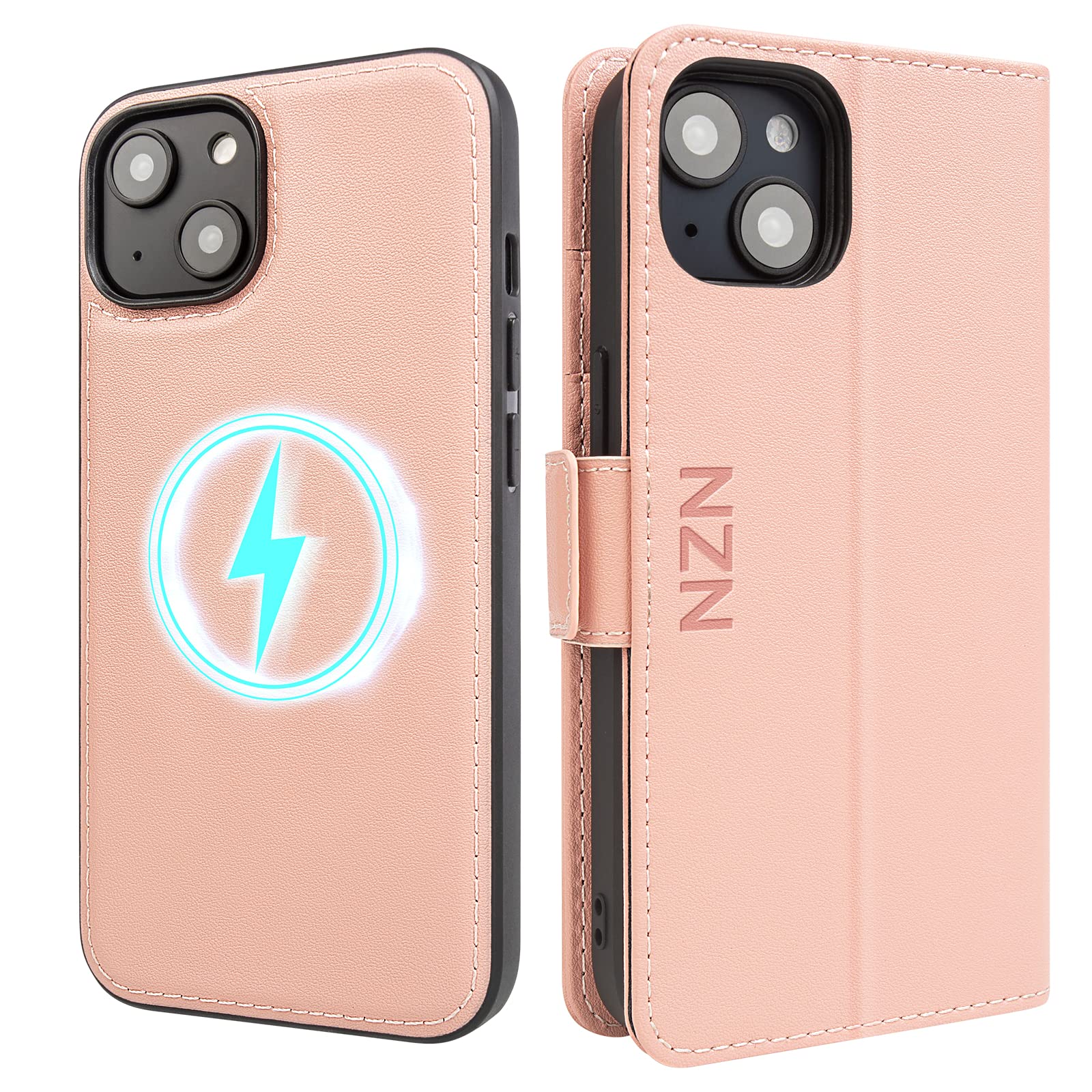 NZN iPhone 14 Wallet Case,Genuine Leather,Case with Card Holder, 2-in-1 Flip Cell Phone Case for Women and Men[RFID Blocking],TPU Inner Shell with MagSafe,Folio Cover (6.1 Inches)-Pink