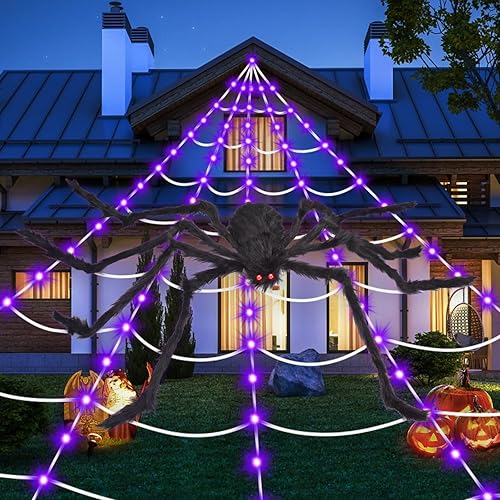 Decoraciones de Halloween Telarañas: luces de telaraña 135 luces LED moradas de 59 pulgadas, araña gigante aterradora, decoraciones de Halloween al