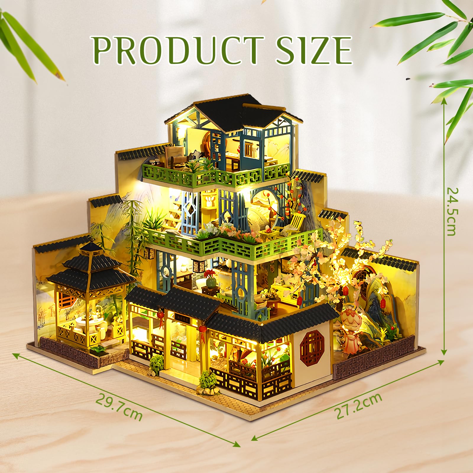 Cuteefun DIY Miniatur Puppenhaus Kit, Puppenhaus Holz Modellbausätze mit LED-Licht, für Erwachsene und Jugendliche, Bauen Sie Ihr eigenes Traumhaus Modell (Grüner Frühlingshof)