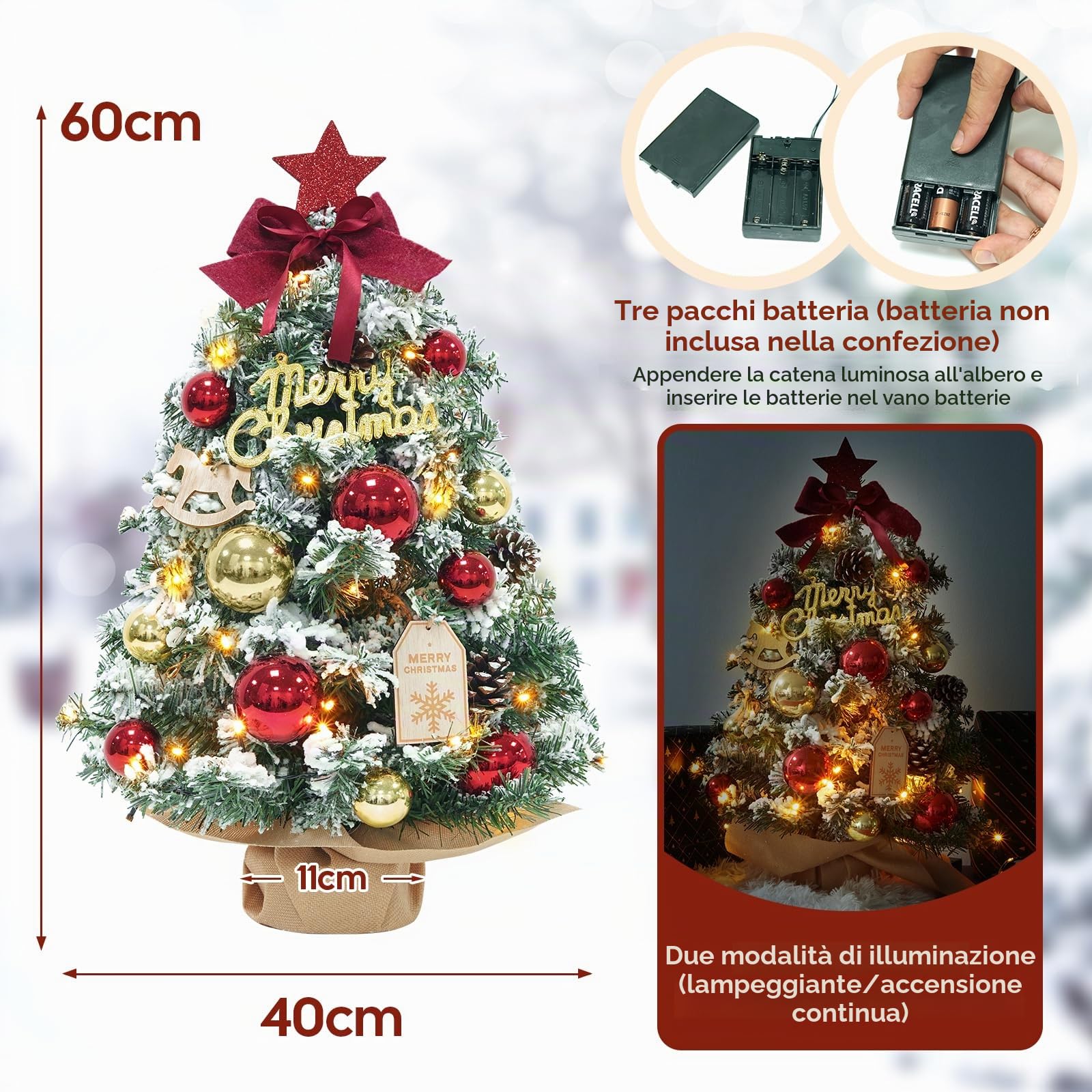 DEWUR Mini albero di Natale piccolo con illuminazione da tavolo a LED, piccolo albero di Natale decorato artificialmente, per decorazioni natalizie (60 cm, rosso con oro), F08-F11