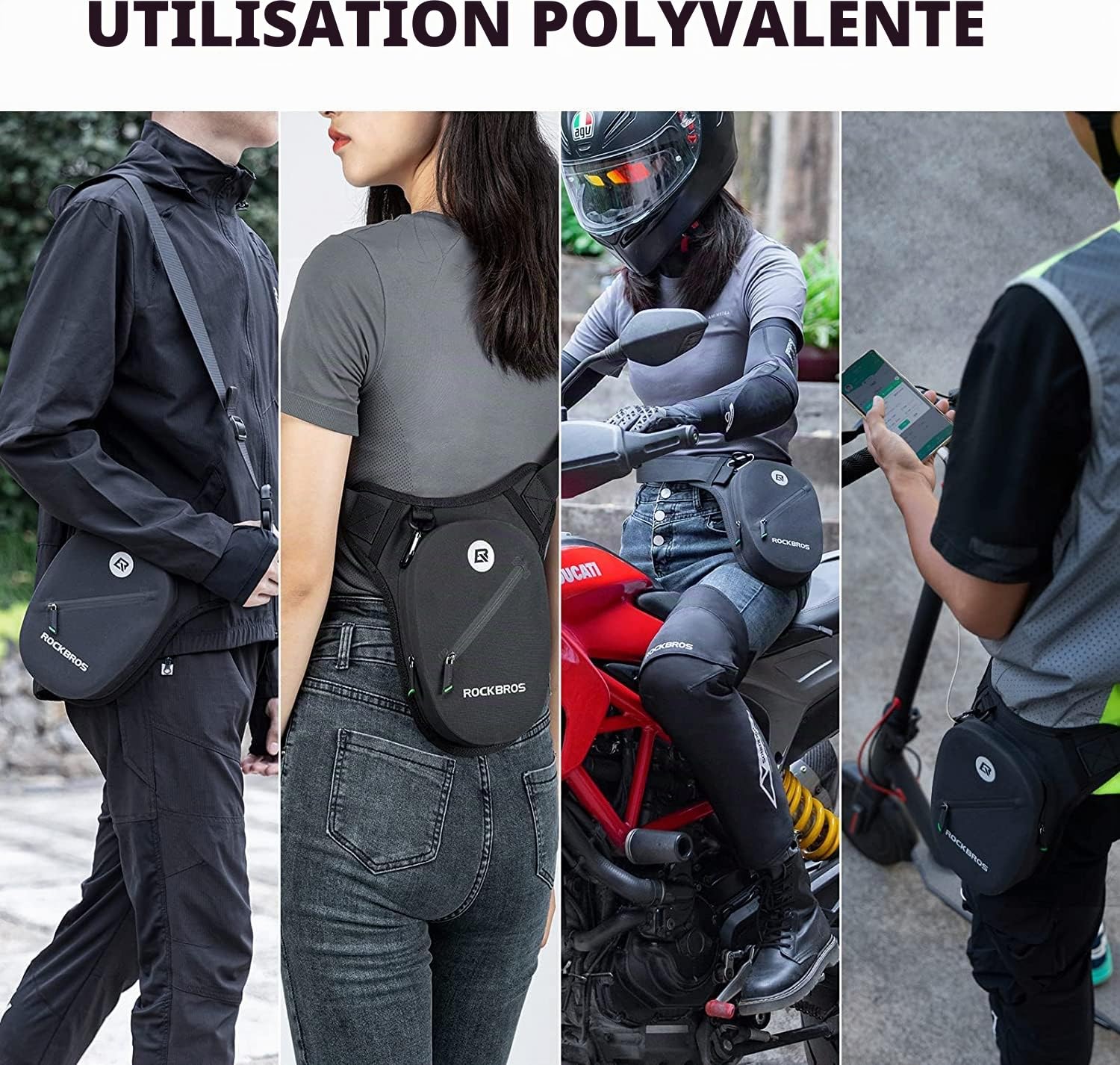 ROCKBROS Sacoche de Jambe Moto, Sac Moto Étanche avec Bandoulière, Sac Ceinture Réfléchissant Amovible, Sacoche en Cuisse Homme Femme pour Moto Cyclisme Randonnée Sports en Plein Air