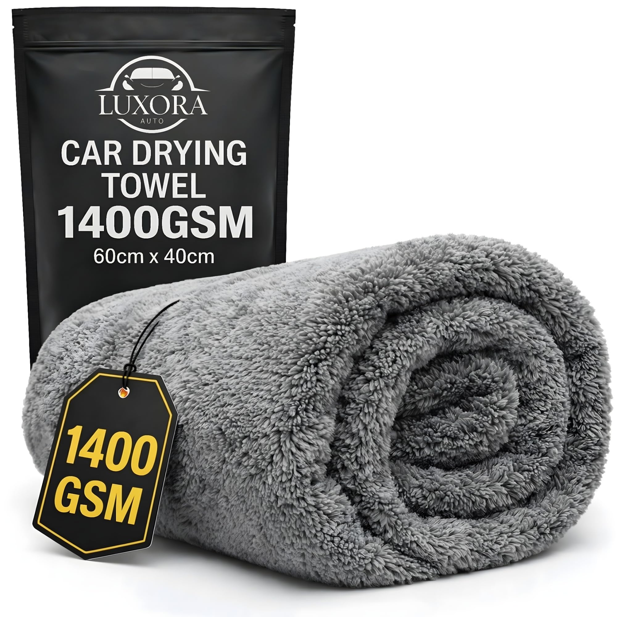 Car Drying Towel Small 60cm x 40cm 1400 GSM Twisted Loop Microfibre - Grey Drying Towel Car Detailing, Double-Sided Edgeless Design, Super Absorbent, Durable Machine Washable and 100% Lint-Free