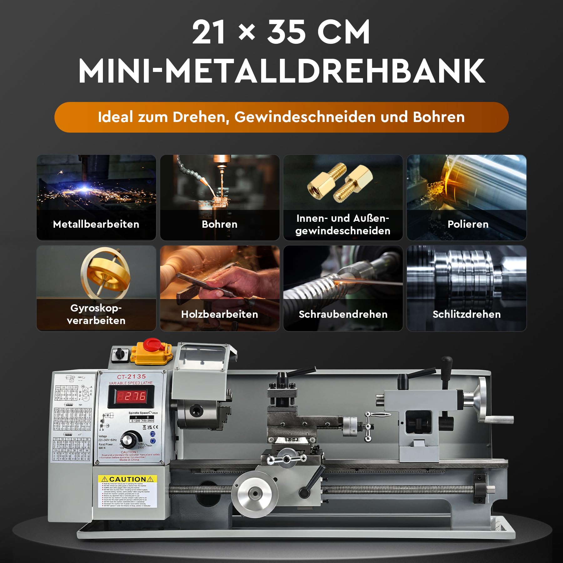 CREWORKS Metalldrehmaschine 600W Drehmaschine 8 x 14 Zoll Tischdrehmaschine 210 x 350MM Drehbank Metall 2250 RPM Mini-Metalldrehmaschine für Metallbearbeitung Metal Lathe (8 x 14 Zoll)