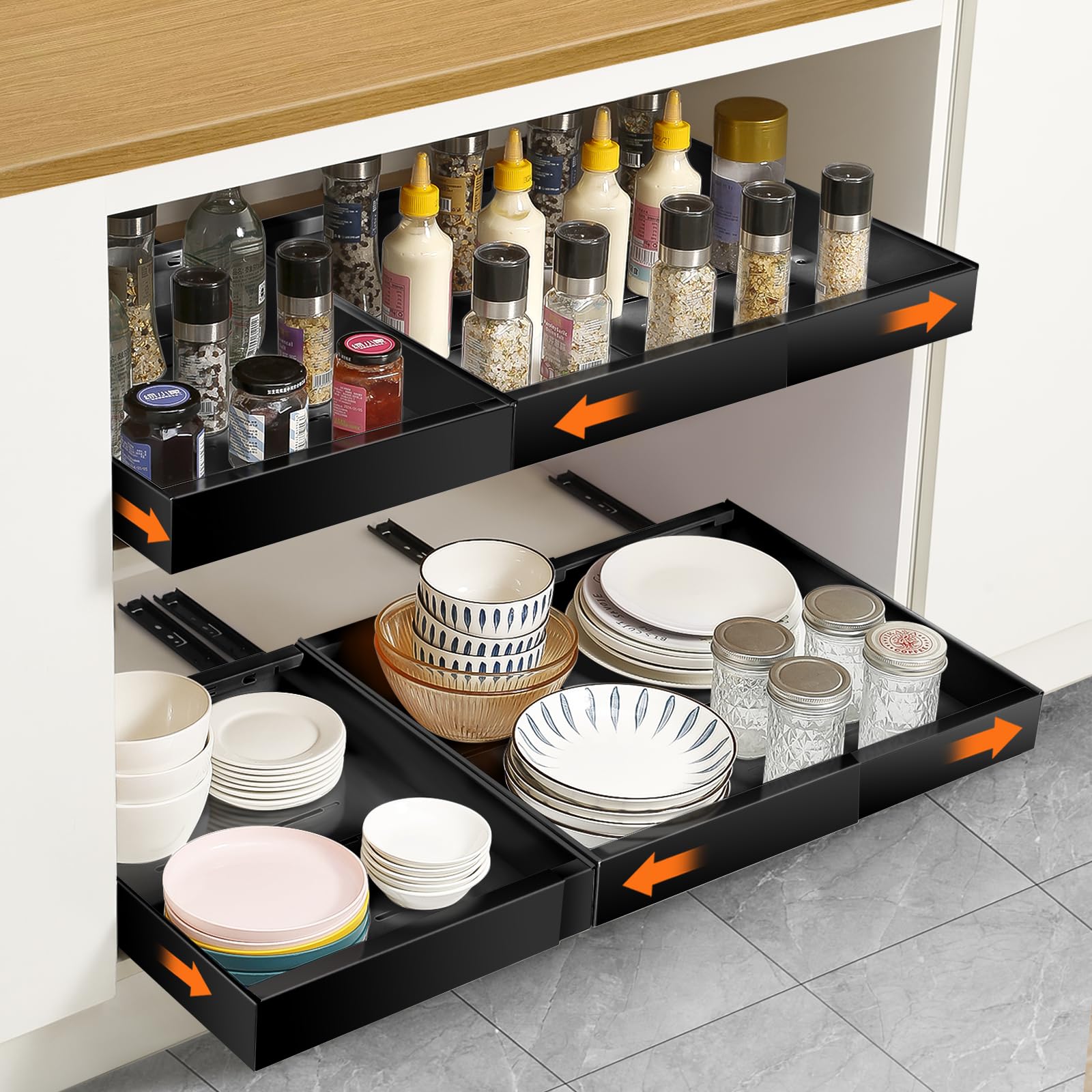 2x Ausziehbare Schubladen-Organizer Für Küche – Verstellbar Von 32-53cm Breite | Klebemontage, 42cm Tiefe, Geräuscharm