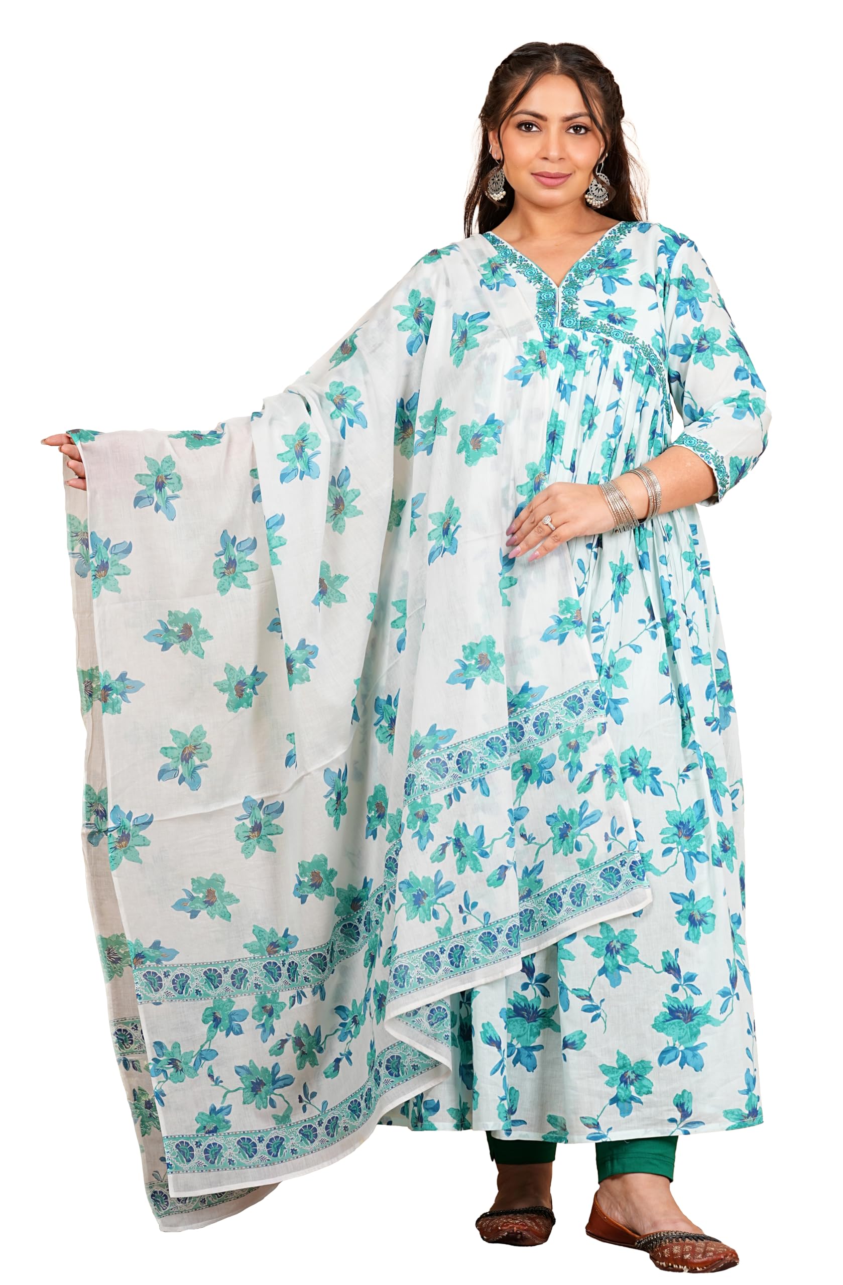 Women's Cotton Floral Printed 3/4th Sleeve V-Neck Embroidered Work Anarkali Kurta with Dupatta-image-14