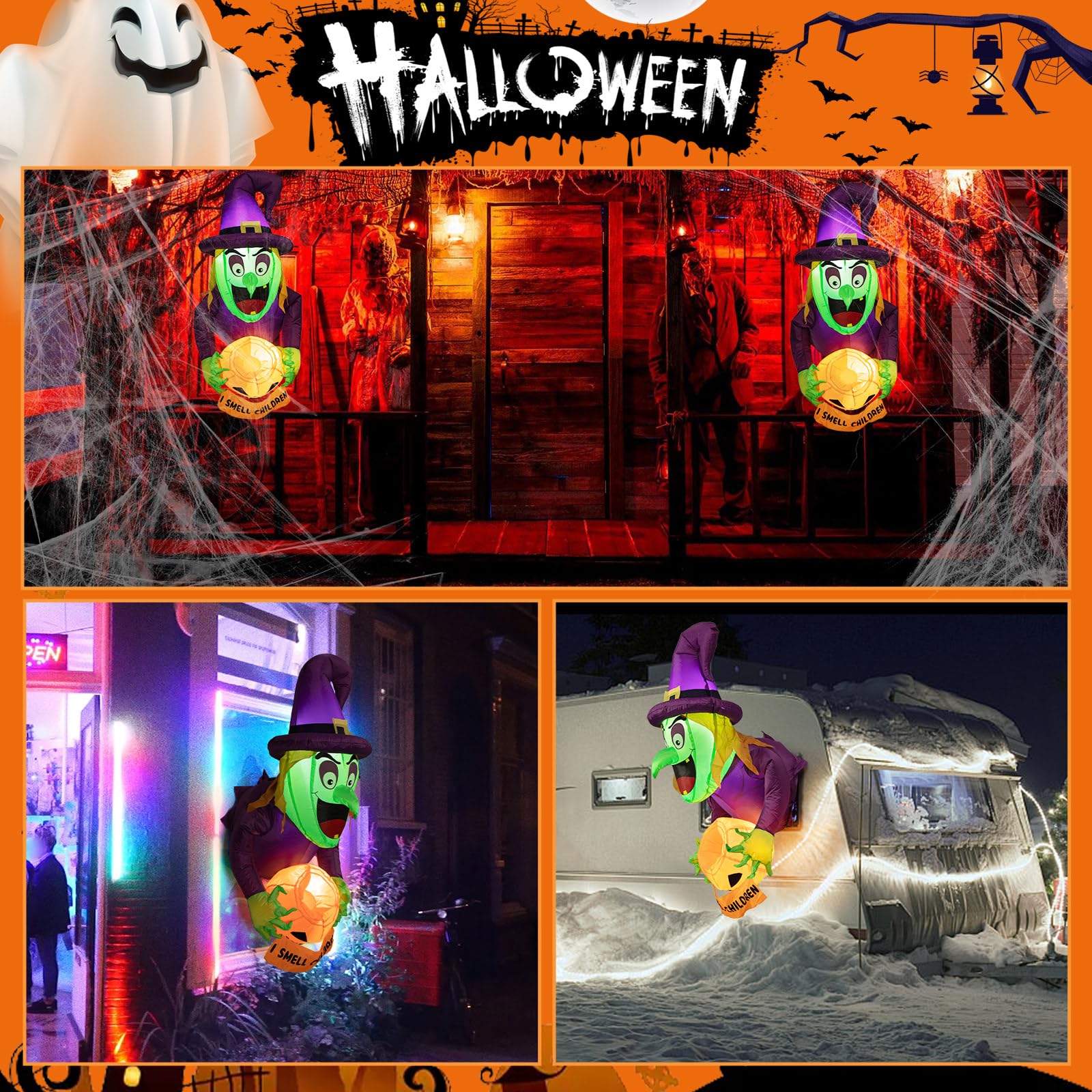 4,5 Ft Halloween deko Aufblasbar Hexe, Halloween deko Outdoor Fenster,Geisterhexen mit Kürbis-Bonbonglas,eingebaute LED, Halloween aufblasbar Halloween deko Garten,Outdoor,Party