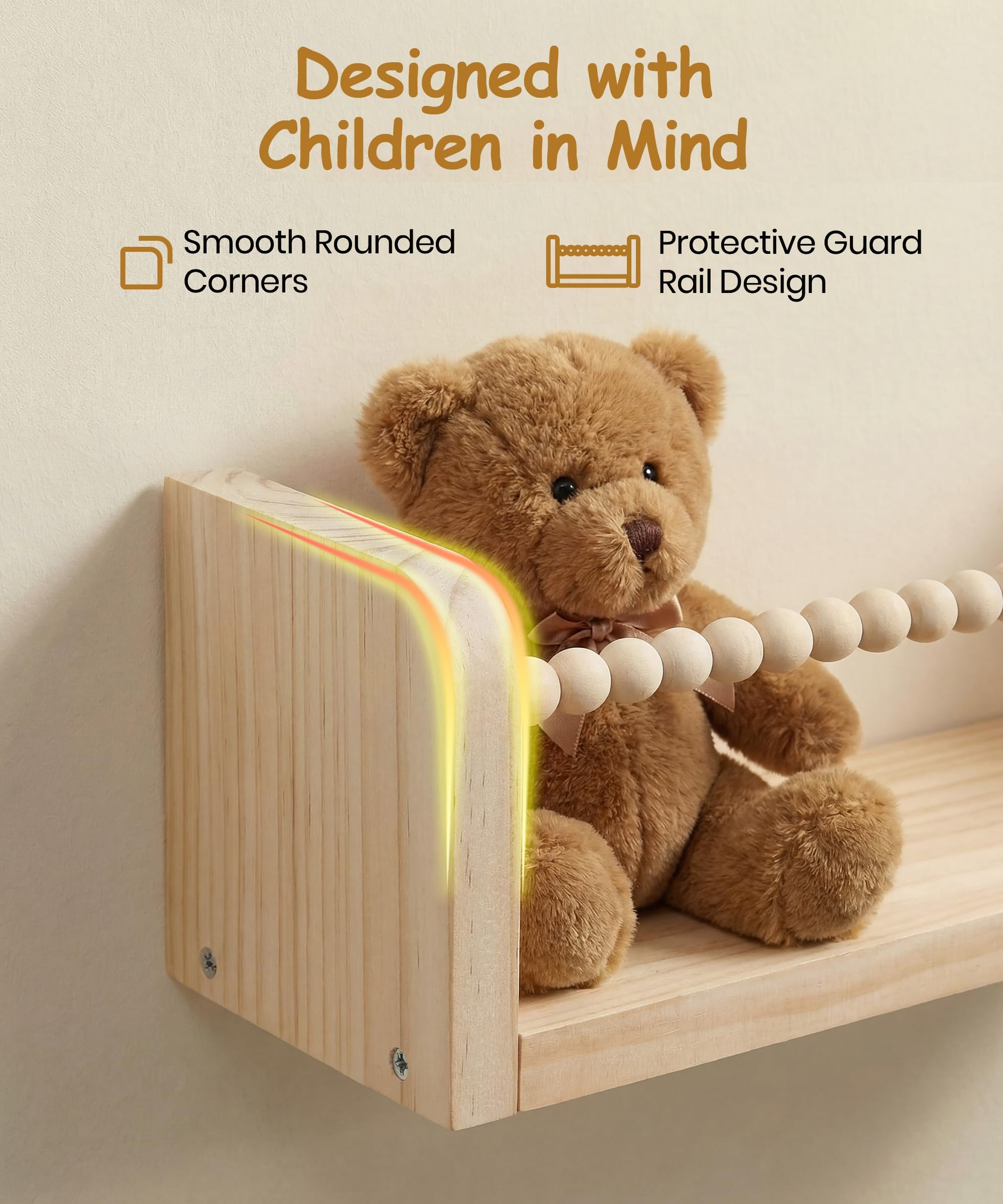 Estantería de pared de madera para habitación de los niños, juego de 3 estanterías flotantes, estantería de almacenamiento para niños, baño y sala de estar
