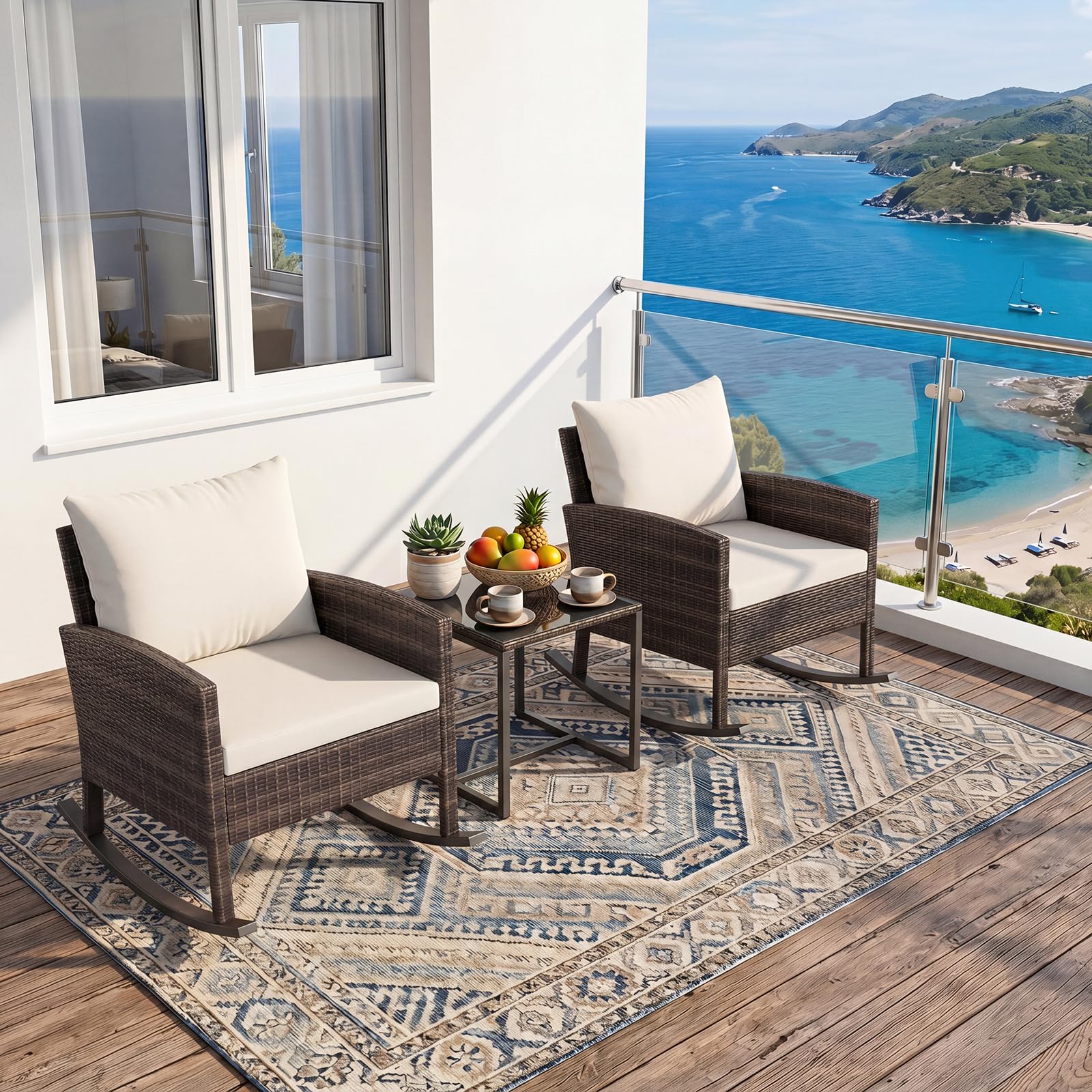 SOARS Salotto da Esterno 3 Pezzi in Rattan, Set Mobili da Giardino con 2 Poltrone a Dondolo, Tavolino da Caffè in Vetro Temperato e Comodi Cuscini con Fodera Lavabile, per Balcone, Cortile (Beige)